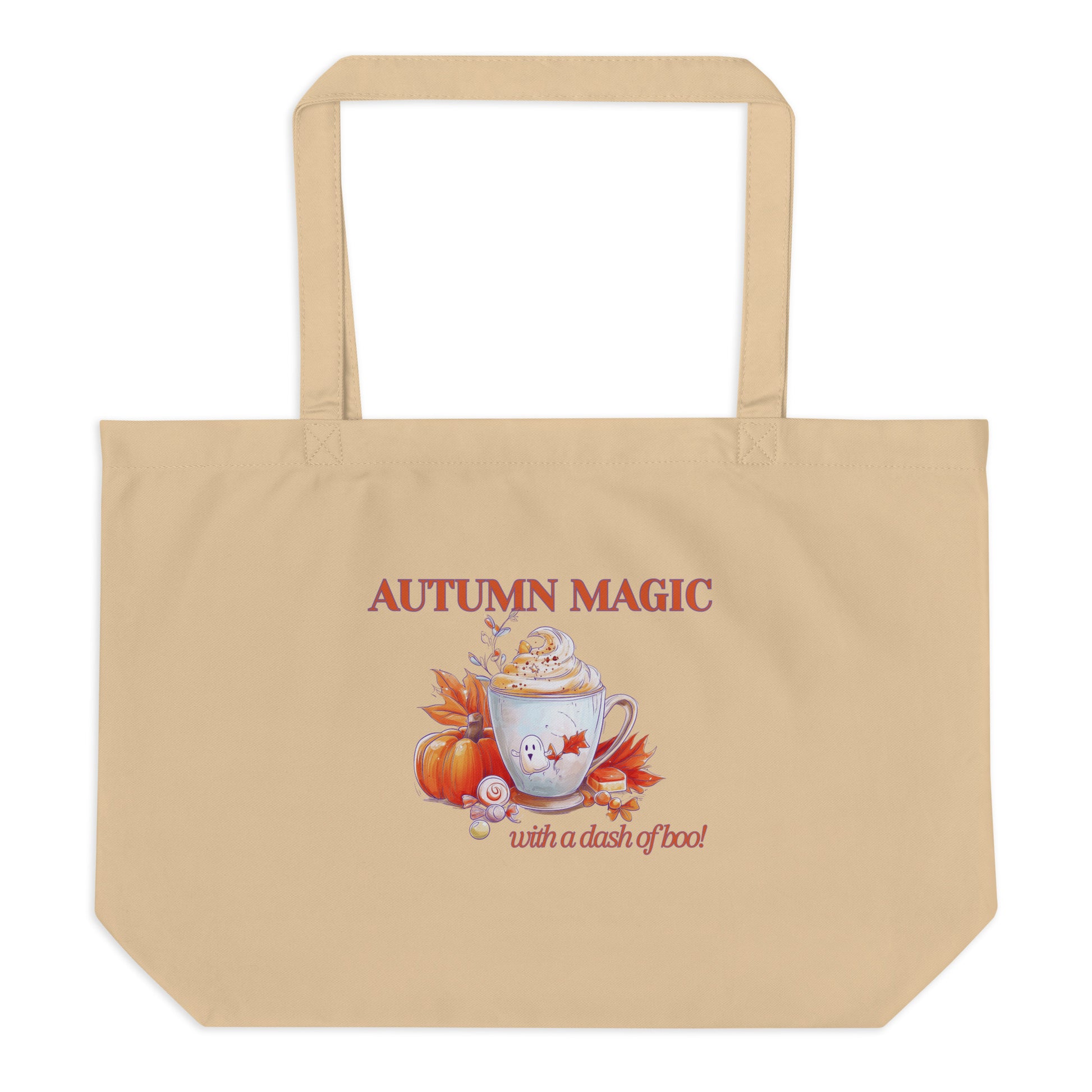 A beige canvas tote bag with a printed autumn-themed graphic on the front. The graphic features the text 'AUTUMN MAGIC with a dash of boo!' above an illustration of a white mug with a ghost face by Sweet & Savage, surrounded by orange pumpkin and red-orange autumn leaves.