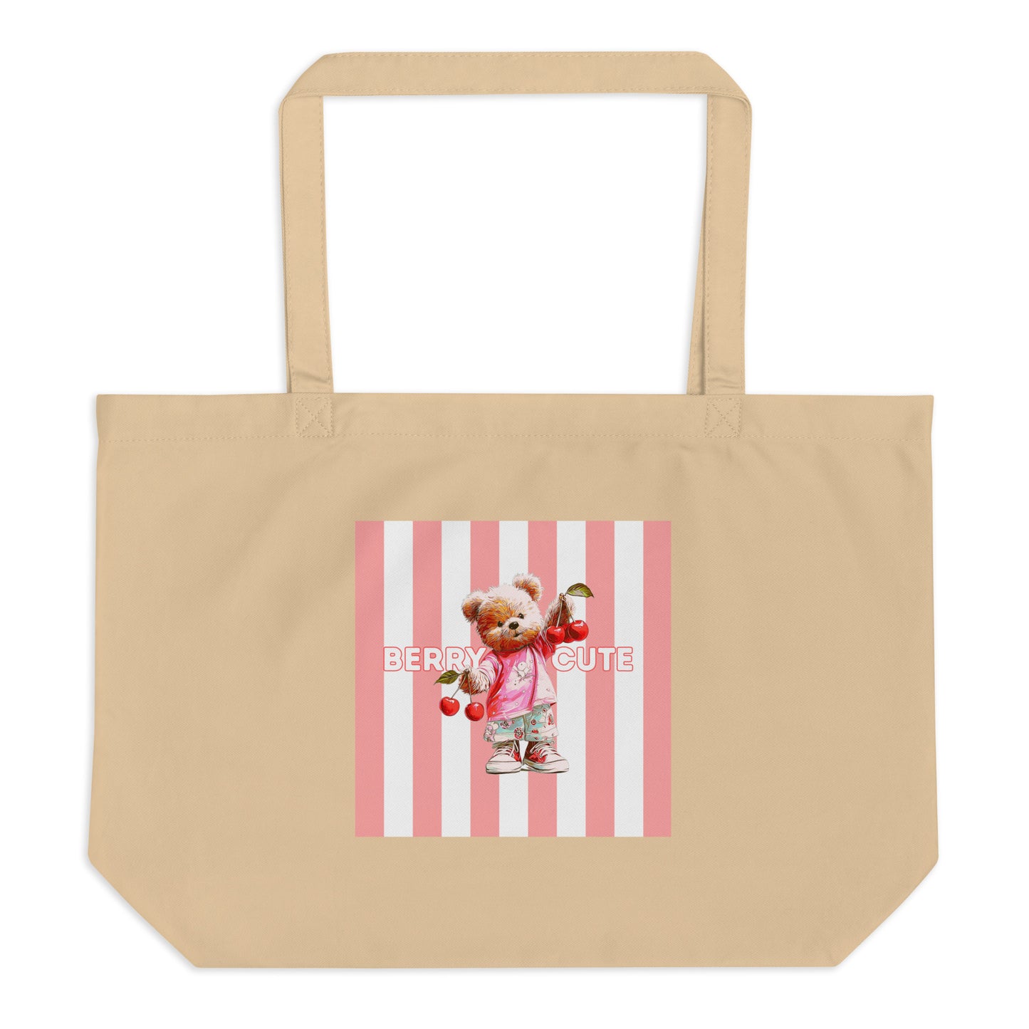 Sweet & Savage 'Berry Cute' Large Organic Tote Bag in beige. Featuring a cute teddy bear holding red cherries. 
