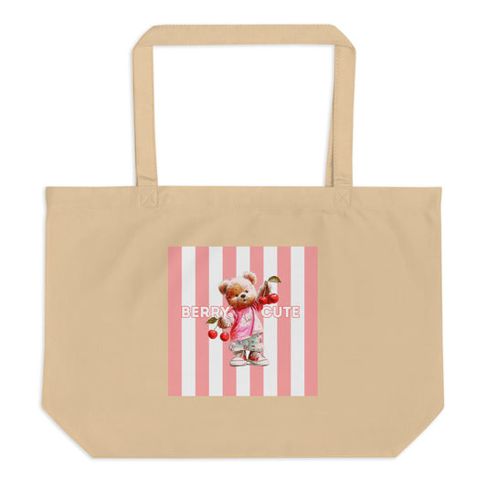 Sweet & Savage 'Berry Cute' Large Organic Tote Bag in beige. Featuring a cute teddy bear holding red cherries. 