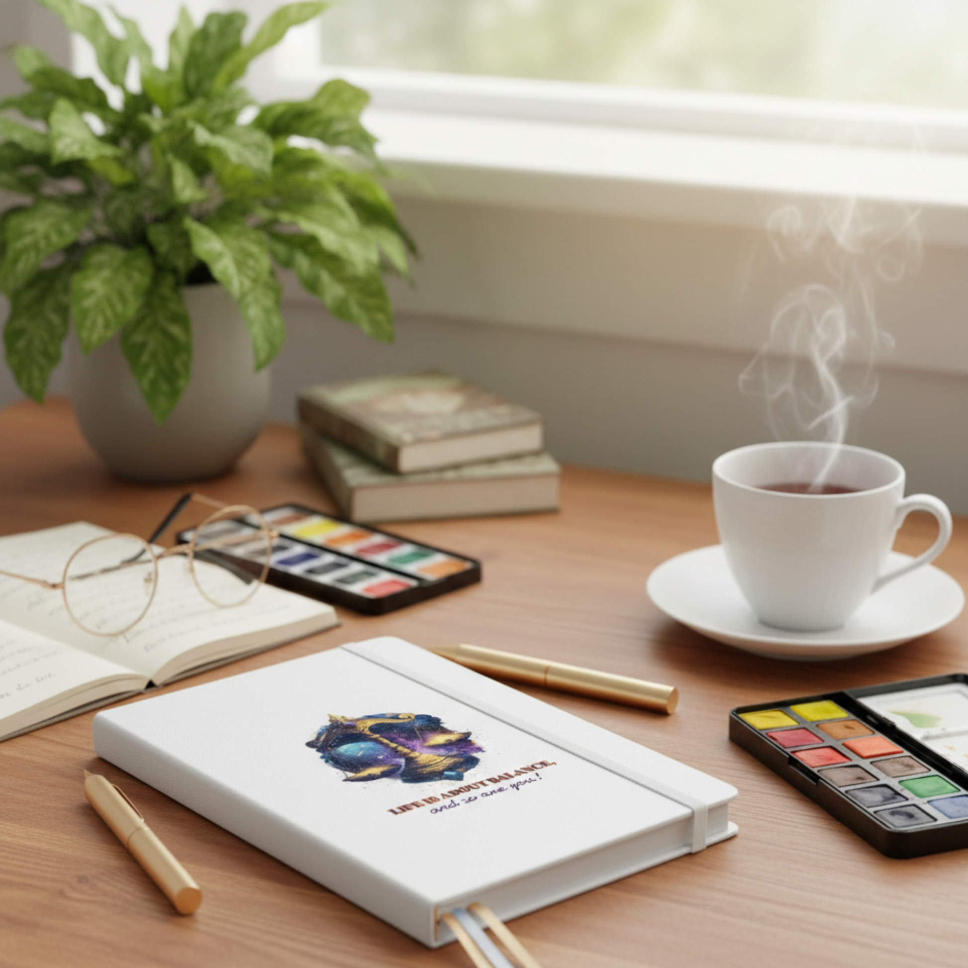 White hardcover Libra zodiac notebook featuring a cosmic scales illustration and the quote 'Life is about balance, and so are you!', styled on a wooden desk with a coffee mug and blue-rimmed glasses.