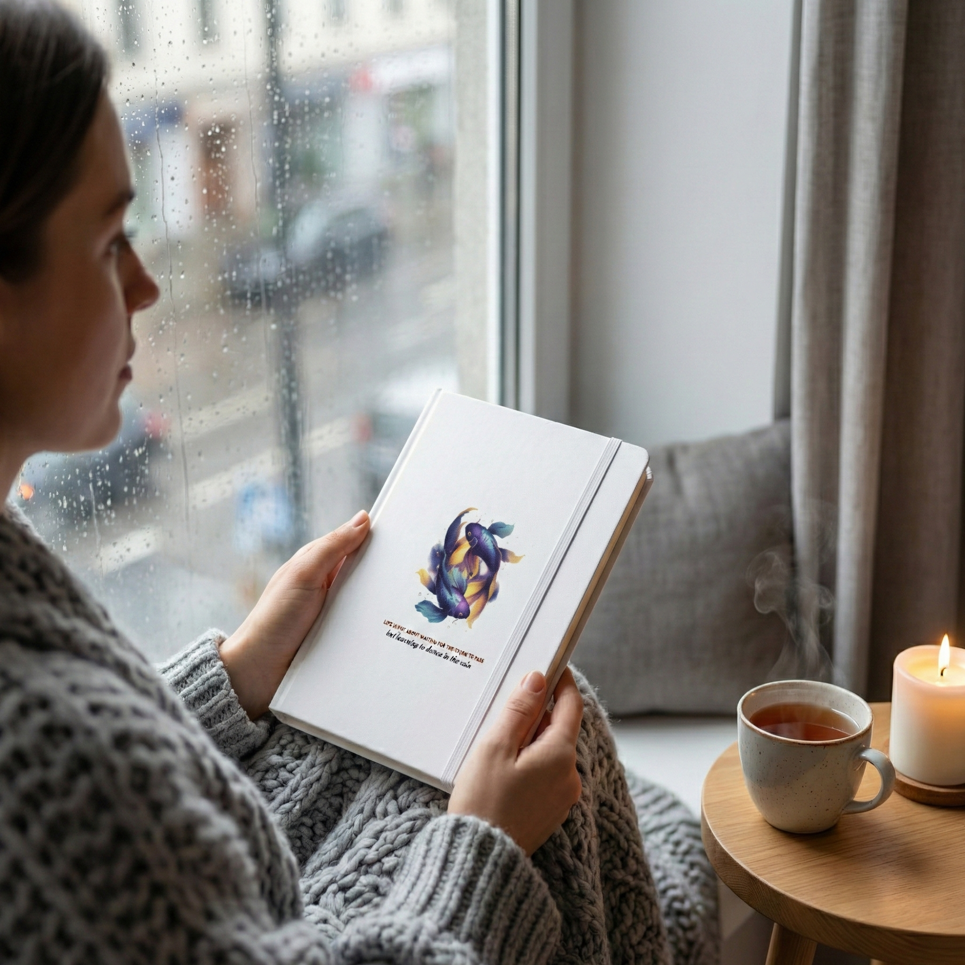 Person sitting by a rainy window in a cozy Scandi-style room, holding a white Sweet & Savage Pisces zodiac notebook featuring two illustrated fish and a motivational quote about dancing in the rain.