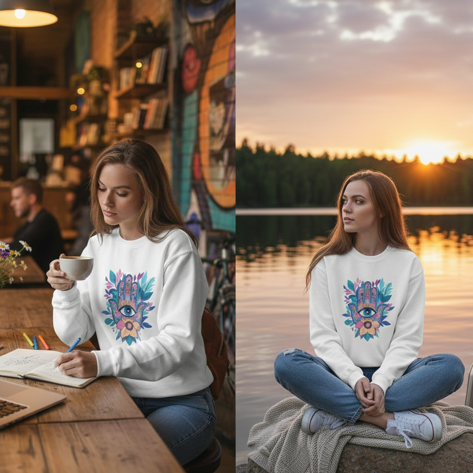 Woman wearing a white sweatshirt with a colorful design, sitting at a table in a cafe and by a lake at sunset.