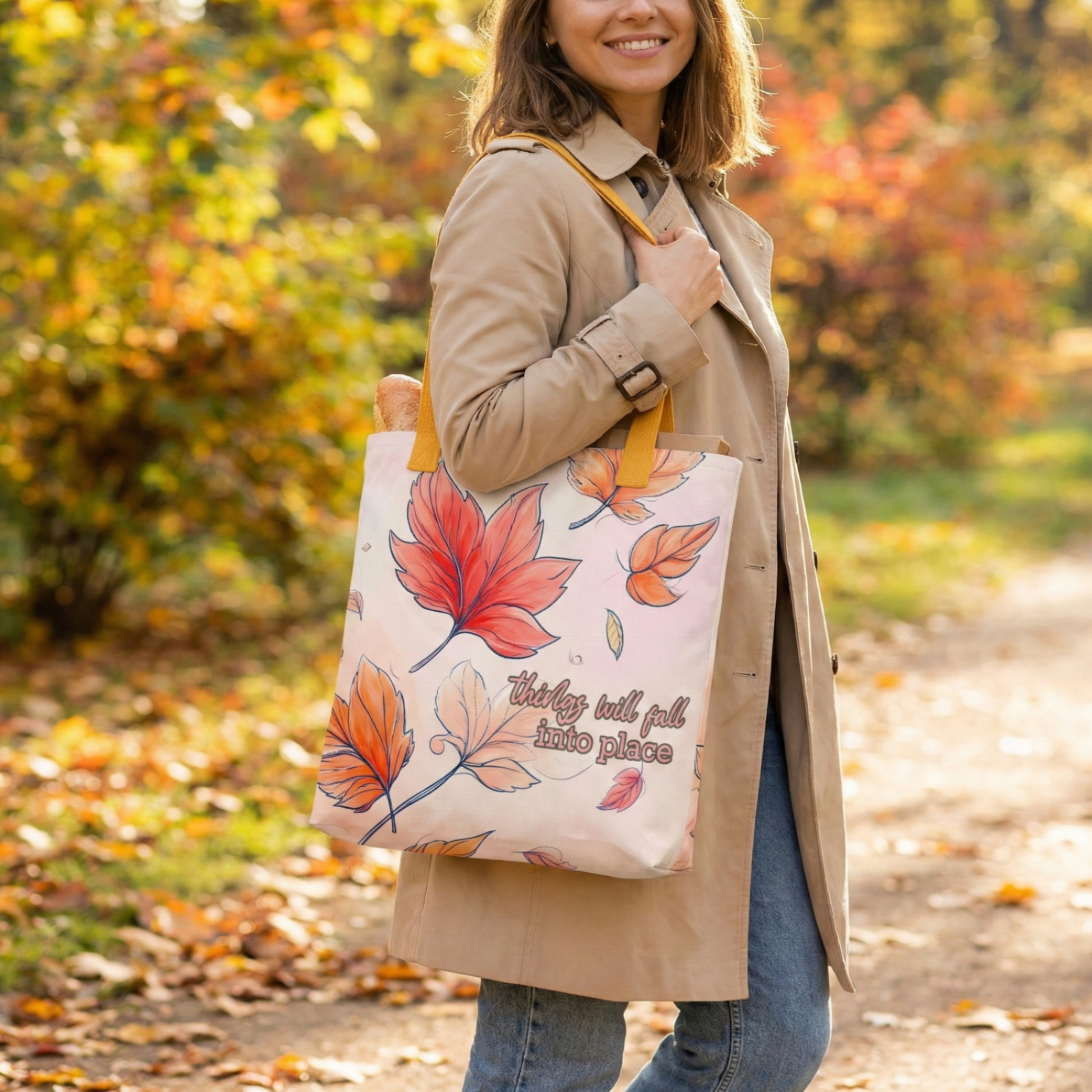 A woman dressed in a long coat holding a tote bag with autumn leaf design and text "Things will fall into place" in an outdoor setting.