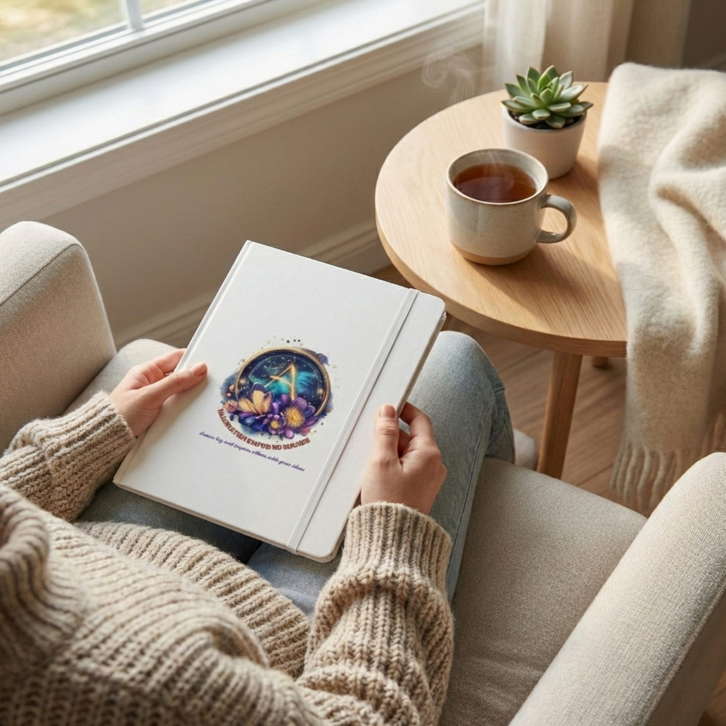 A person in a cozy Scandinavian-style setting holding a closed Sweet & Savage Aquarius Zodiac hardcover notebook, showcasing the full cover design with gold star patterns and floral art.