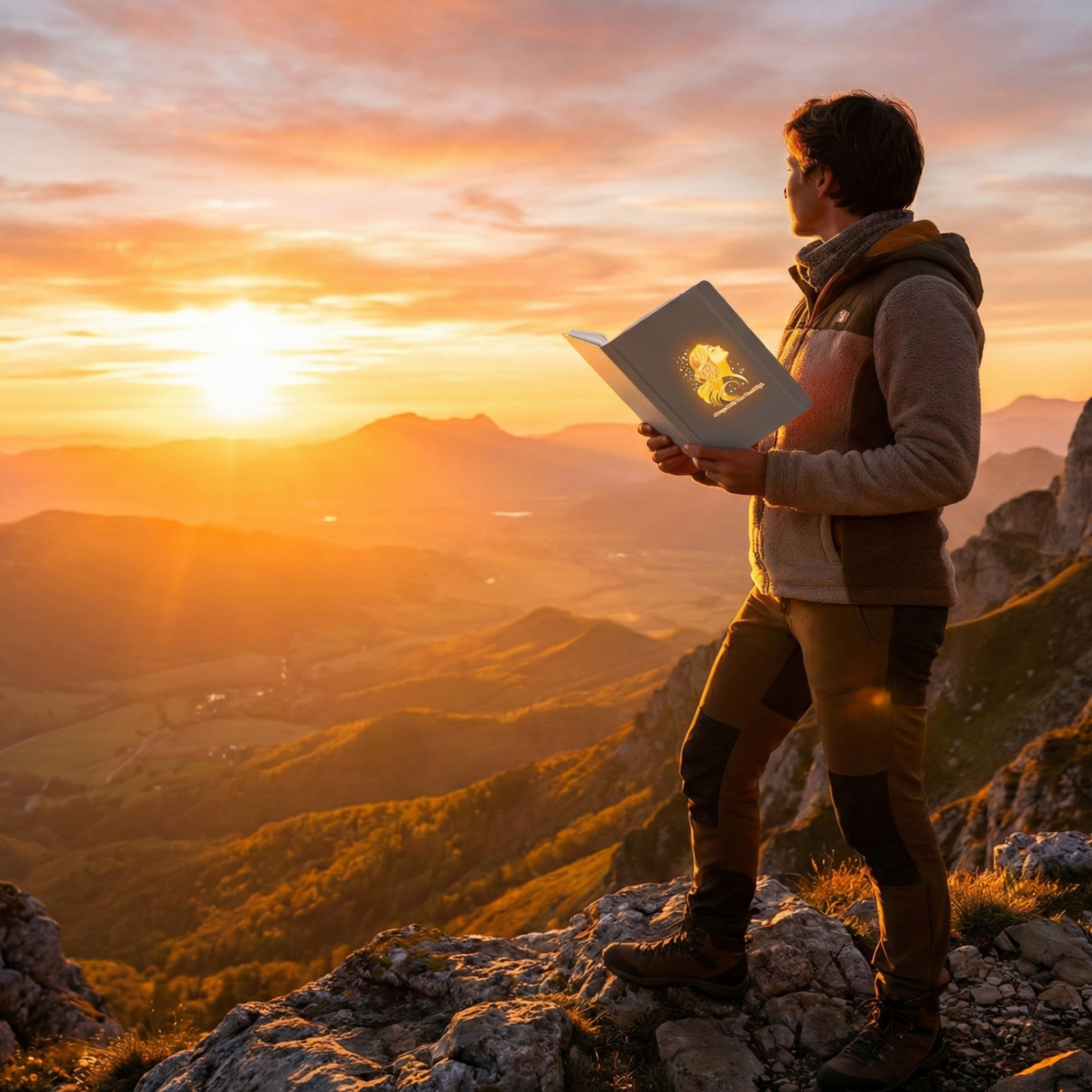 A person stands on a scenic overlook at sunrise, holding the grey "Always Hold Your Head High" notebook, looking out at a beautiful view with confidence.