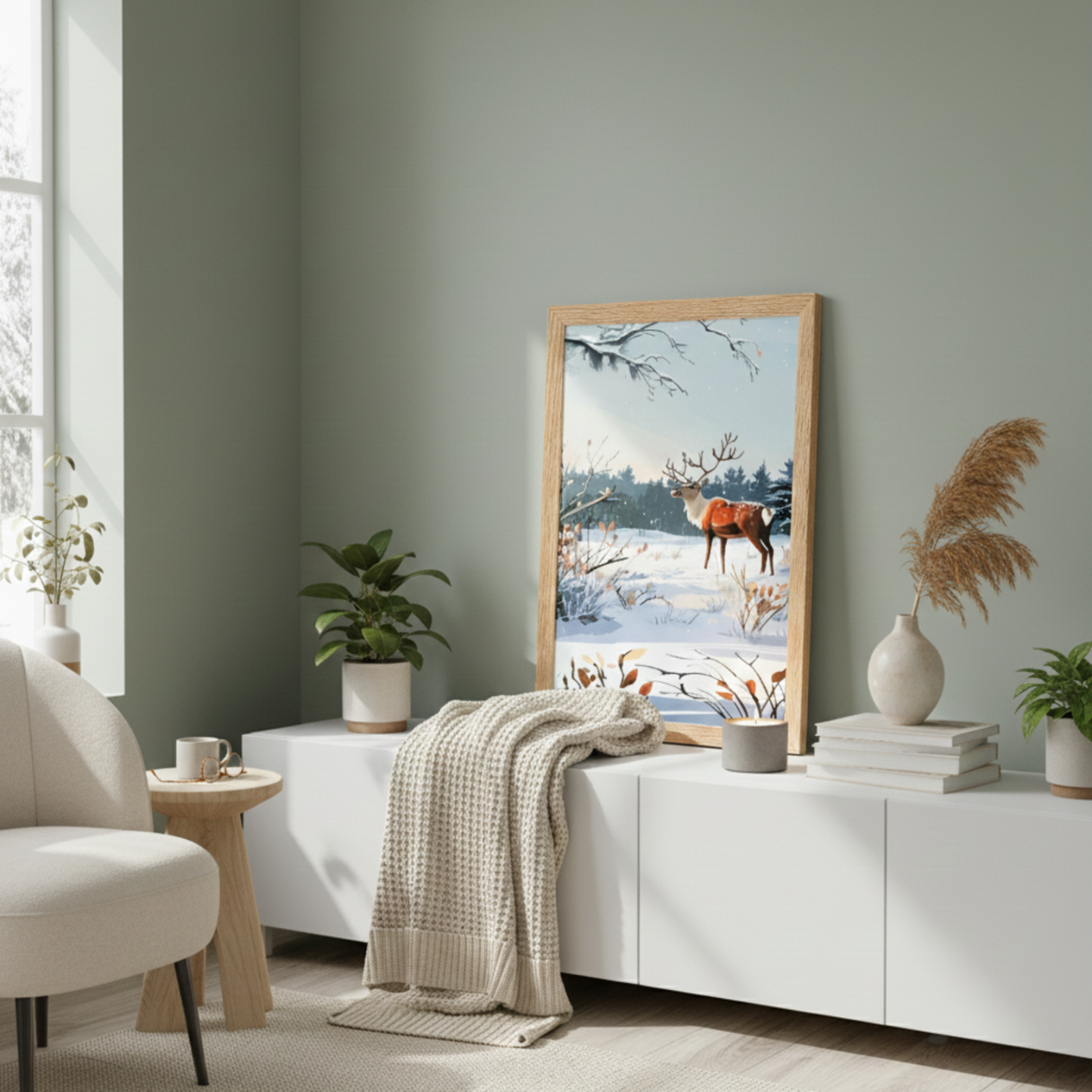 Modern living room with a deer painting on the wall, white furniture, and decorative plants.