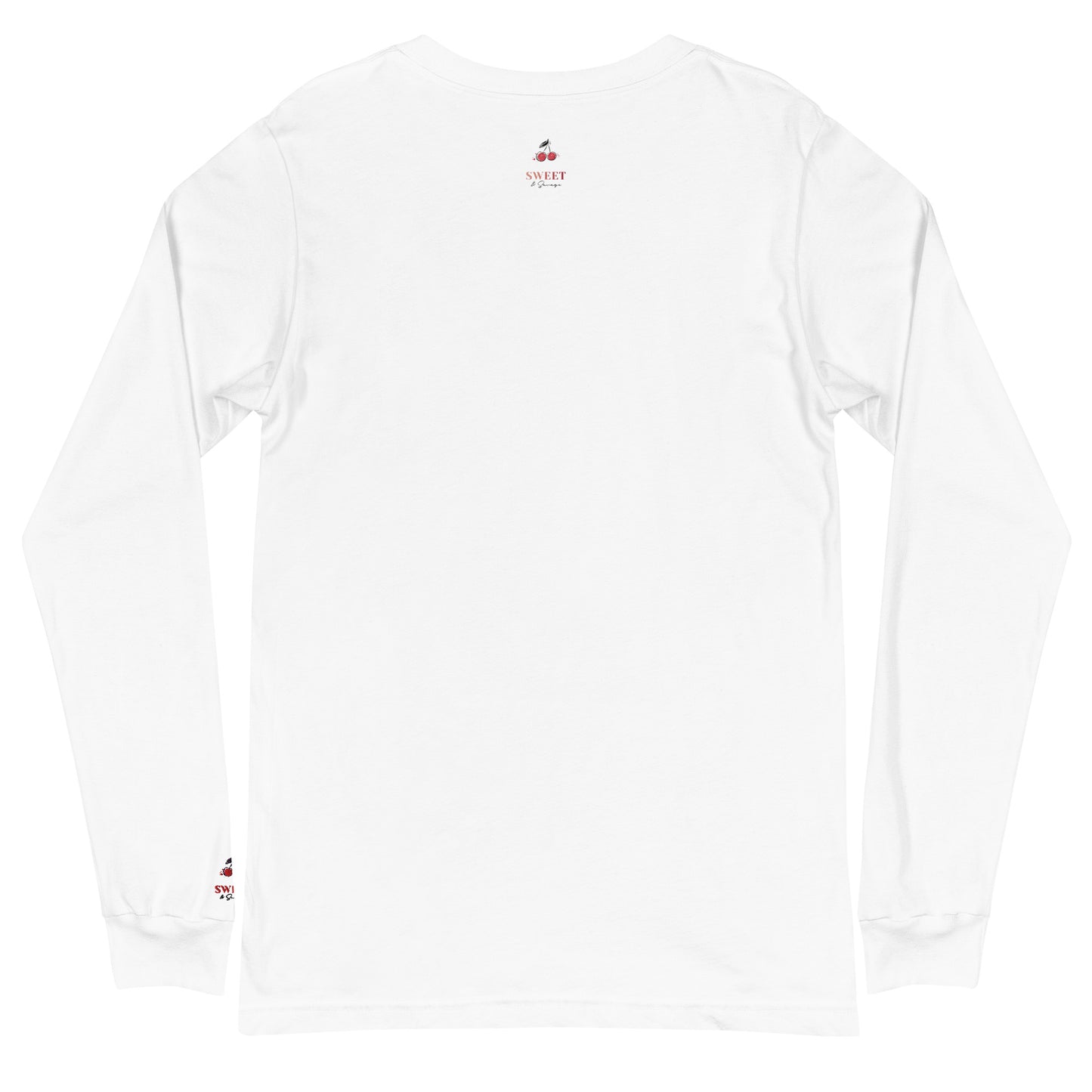 Women's white long-sleeve t-shirt with a colorful Hamsa hand graphic, premium combed ring-spun cotton, sustainable fashion by Sweet & Savage.