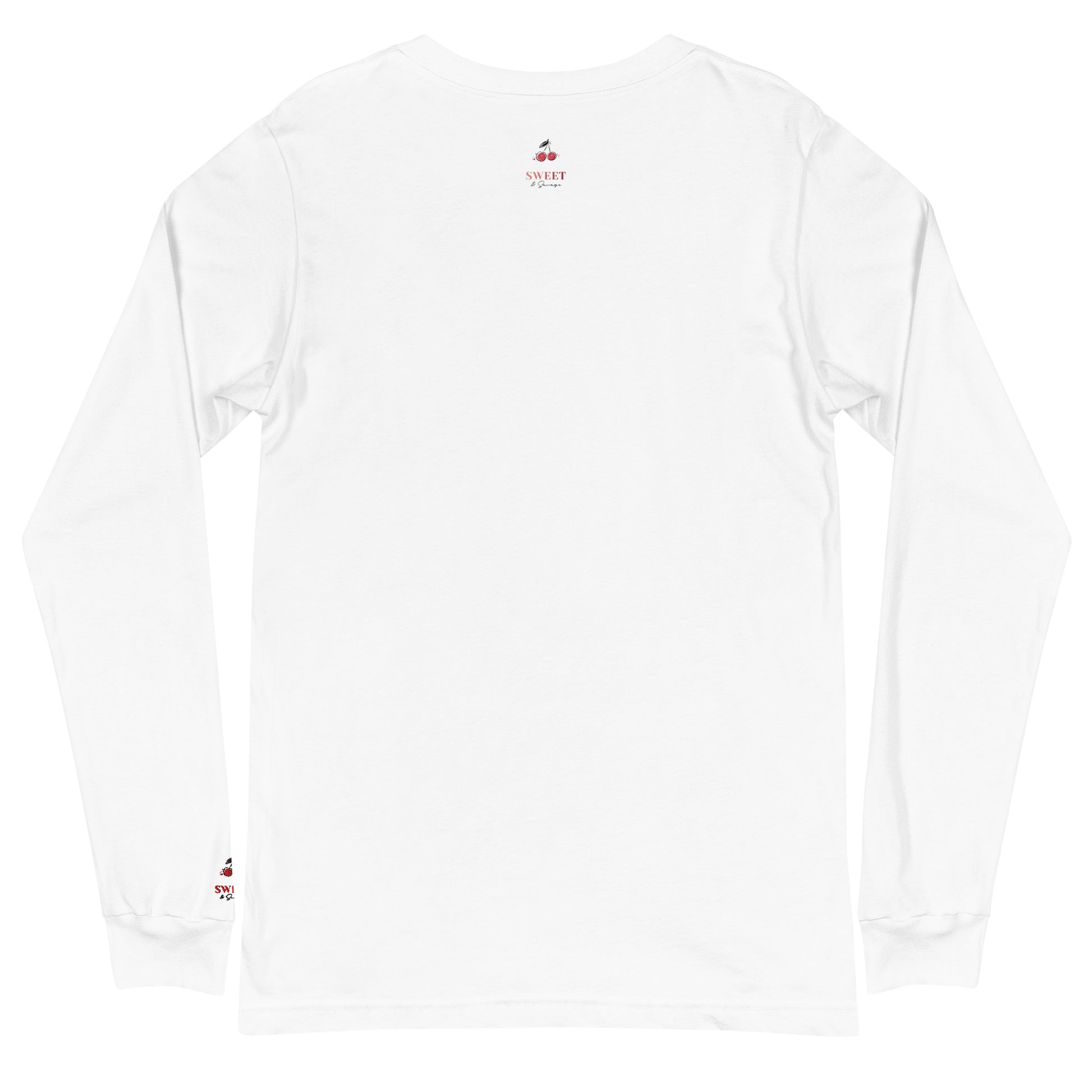 Women's white long-sleeve t-shirt with a colorful Hamsa hand graphic, premium combed ring-spun cotton, sustainable fashion by Sweet & Savage.