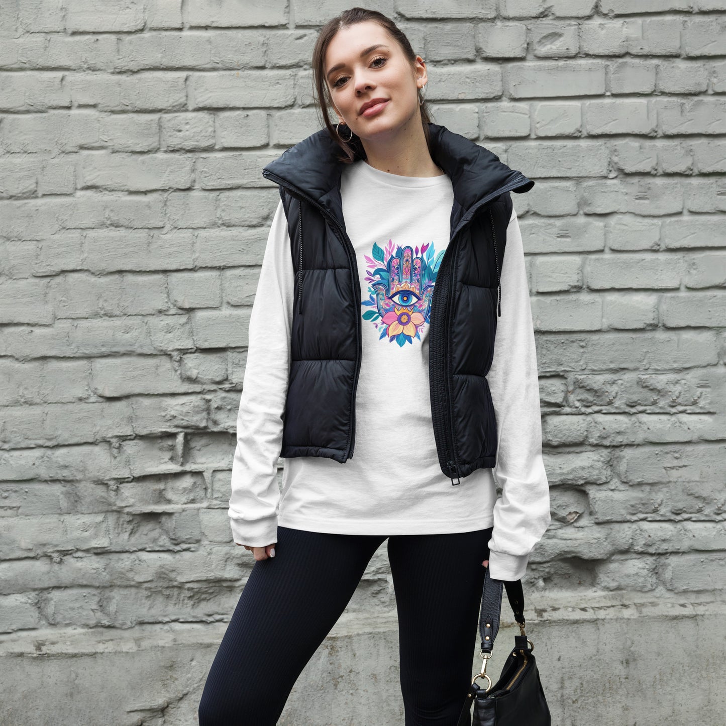 Women's white long-sleeve t-shirt with a colorful Hamsa hand graphic, premium combed ring-spun cotton, sustainable fashion by Sweet & Savage.