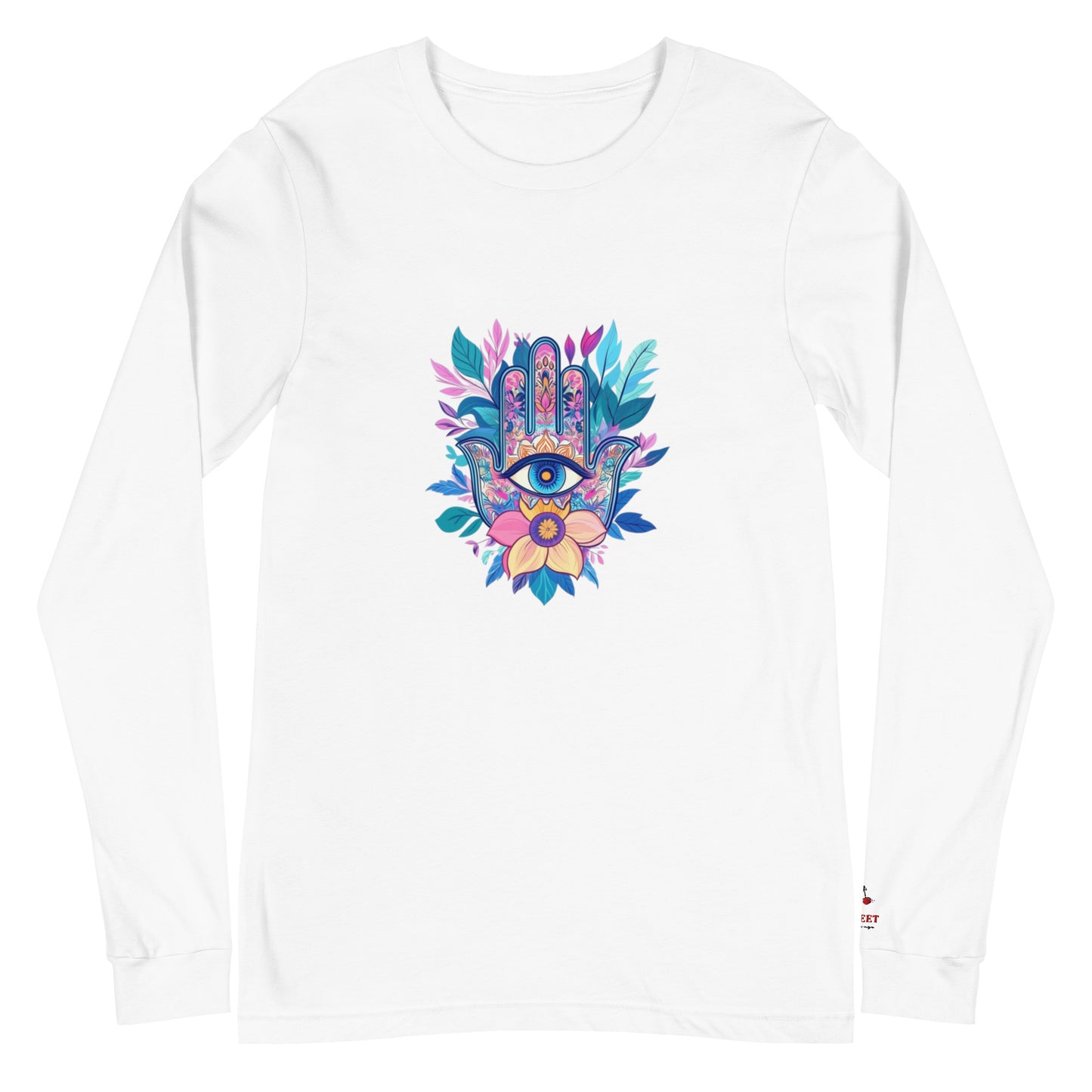 Women's white long-sleeve t-shirt with a colorful Hamsa hand graphic, premium combed ring-spun cotton, sustainable fashion by Sweet & Savage.