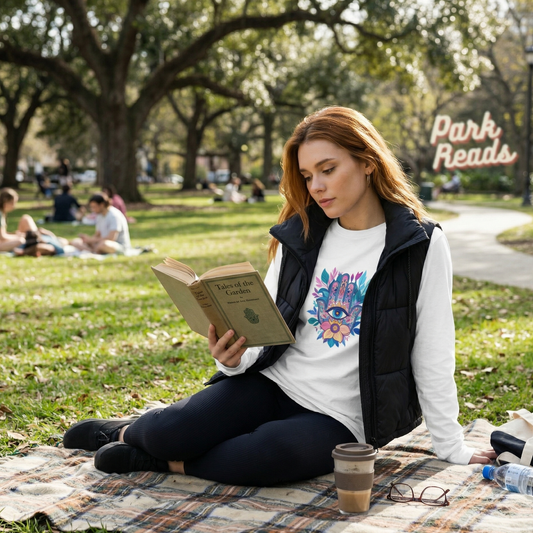 A lifestyle mockup of a young woman wearing a white long-sleeve t-shirt with a colorful Hamsa hand and floral design. She is sitting on a plaid blanket in a sunny park, reading a book called "Tales of the Garden," with a coffee cup and glasses nearby.