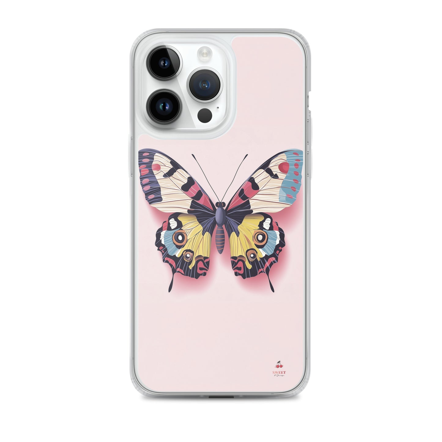 iPhone clear case with a colorful butterfly design on a pink background by Sweet and Savage. 