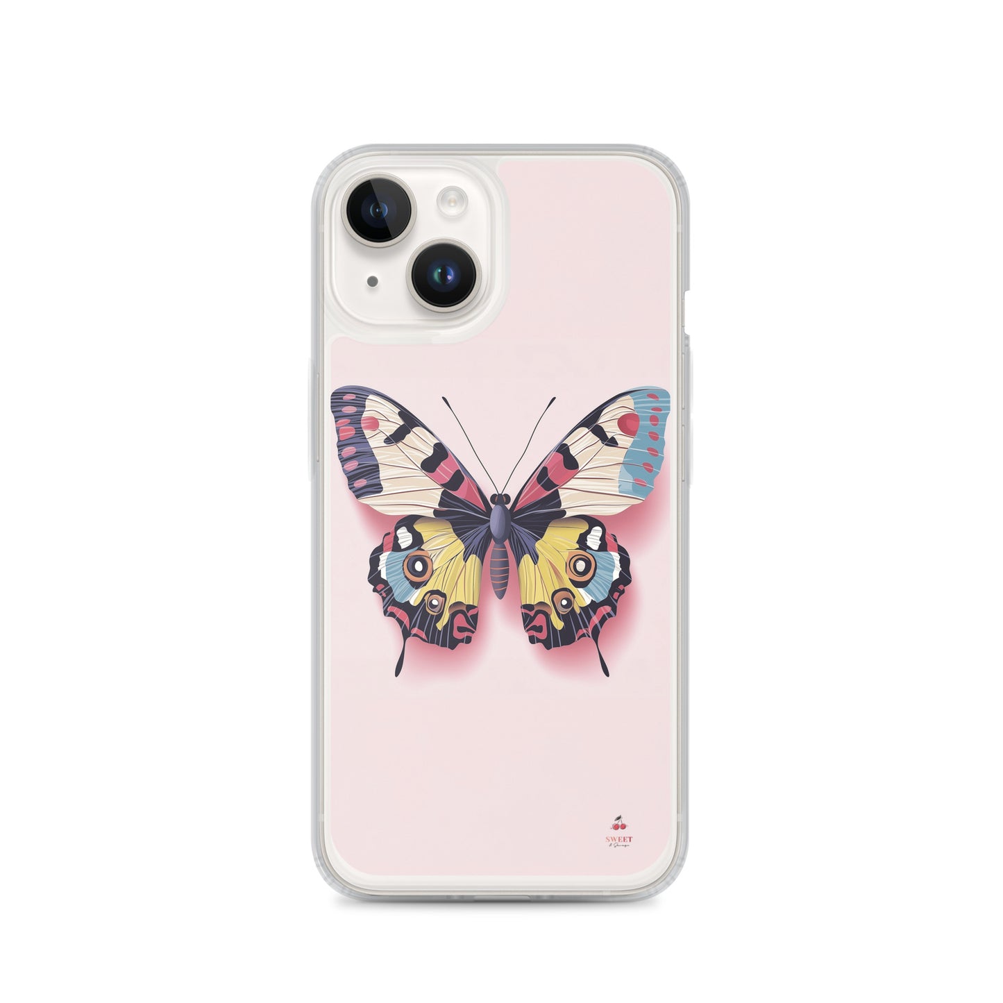 iPhone clear case with a colorful butterfly design on a pink background by Sweet and Savage. 