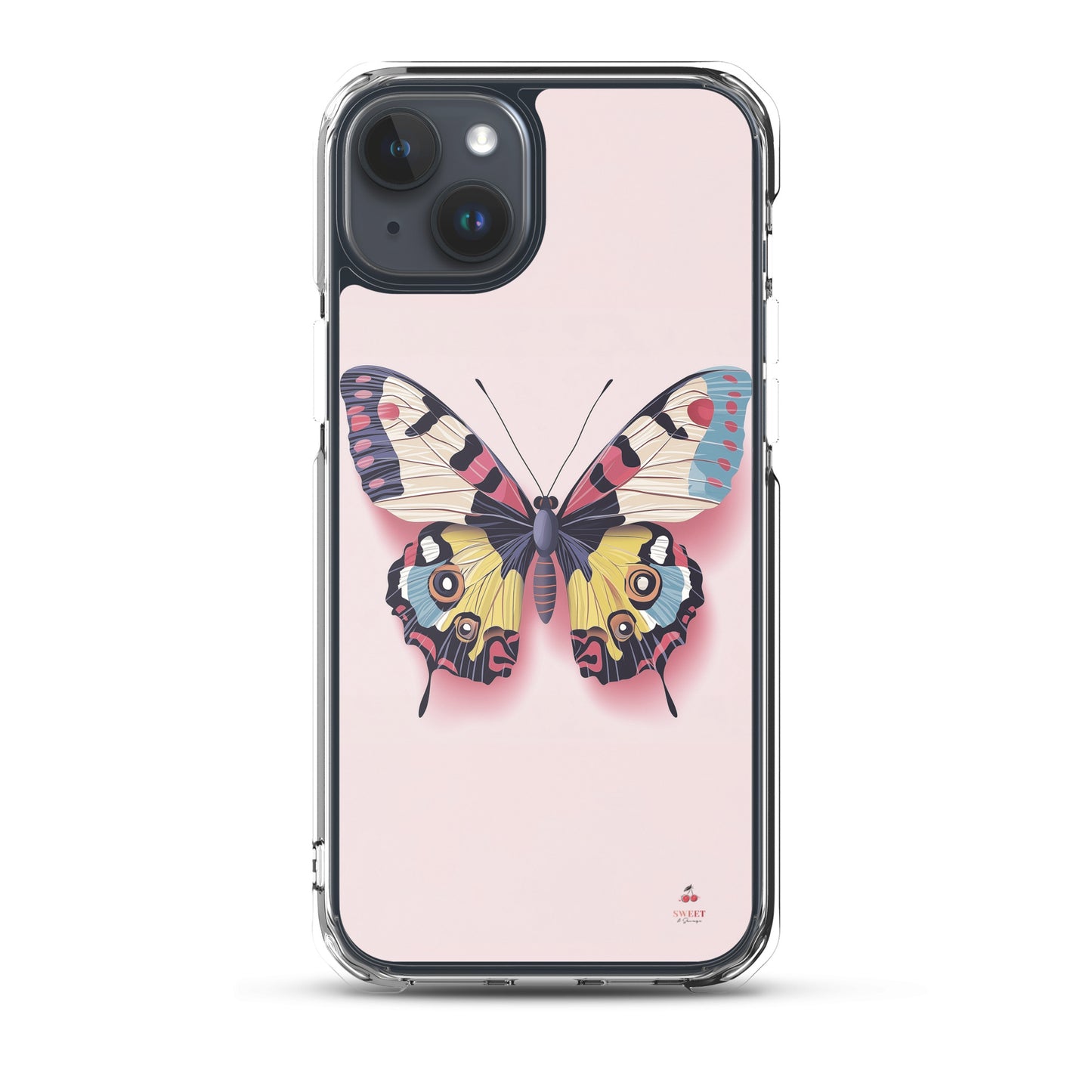 iPhone clear case with a colorful butterfly design on a pink background by Sweet and Savage. 
