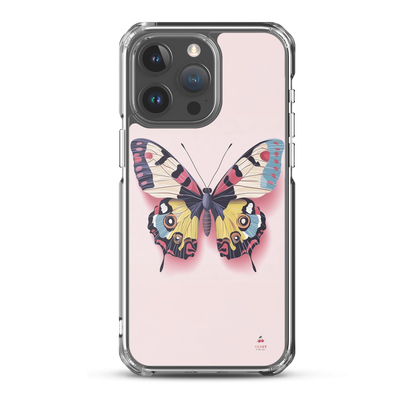 iPhone clear case with a colorful butterfly design on a pink background by Sweet and Savage. 
