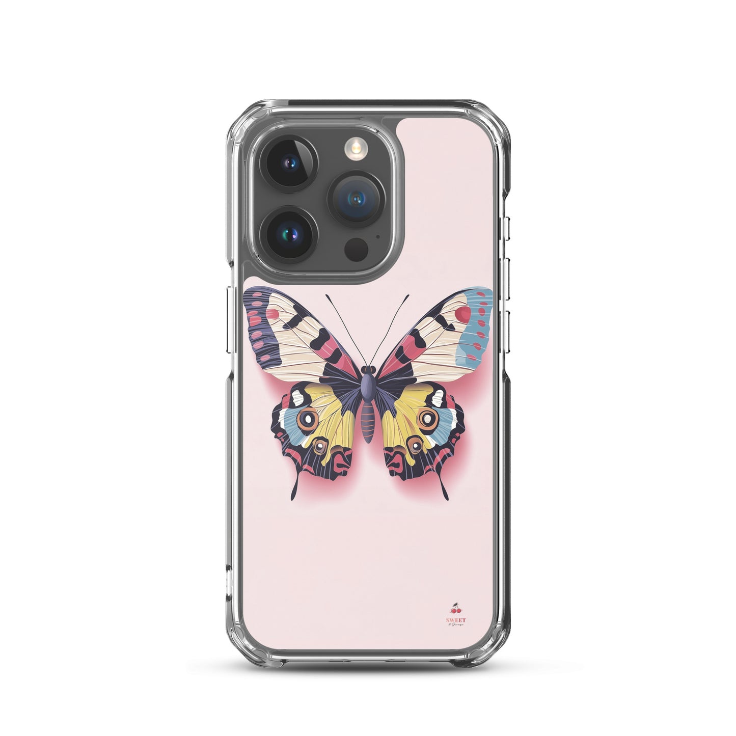 iPhone clear case with a colorful butterfly design on a pink background by Sweet and Savage. 