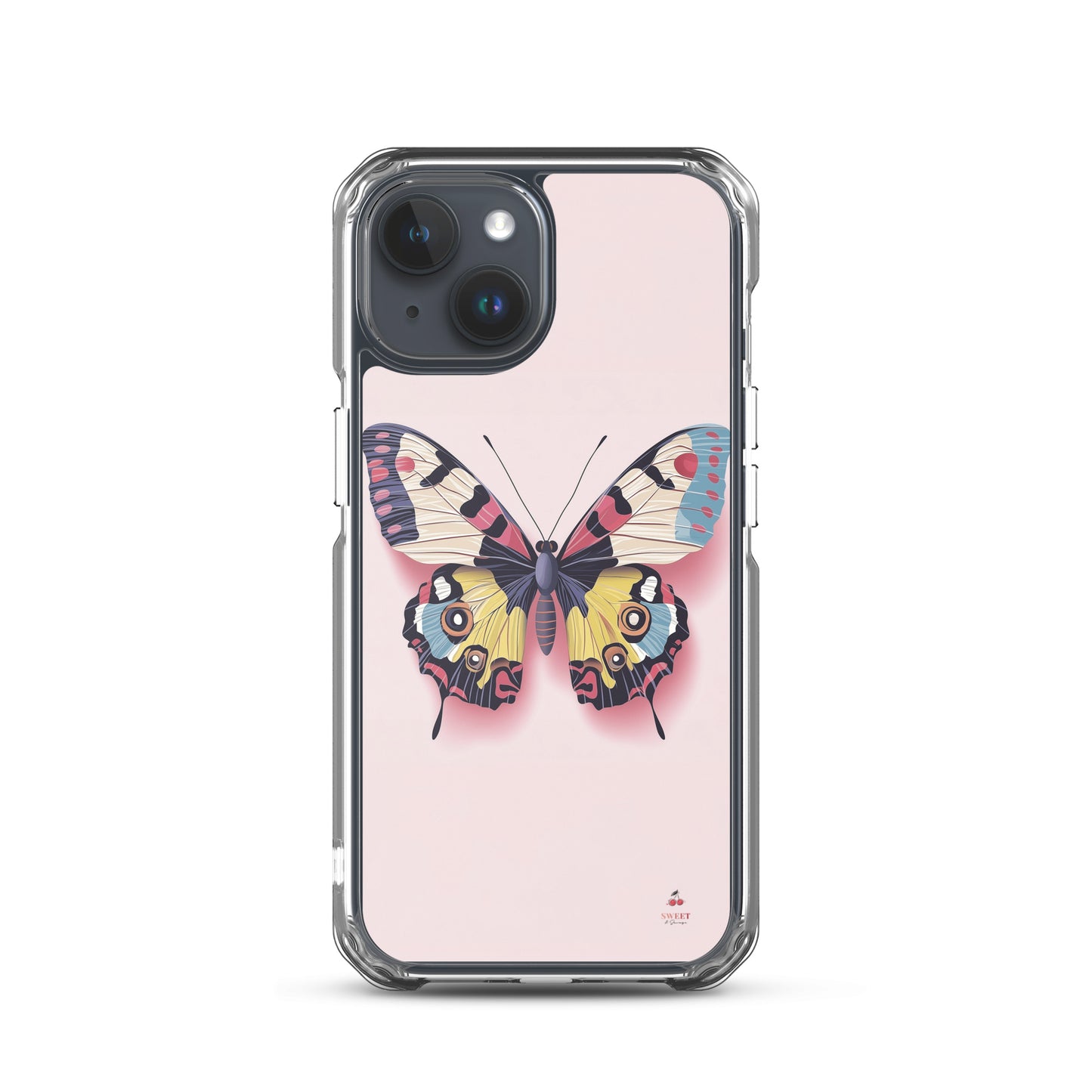 iPhone clear case with a colorful butterfly design on a pink background by Sweet and Savage. 