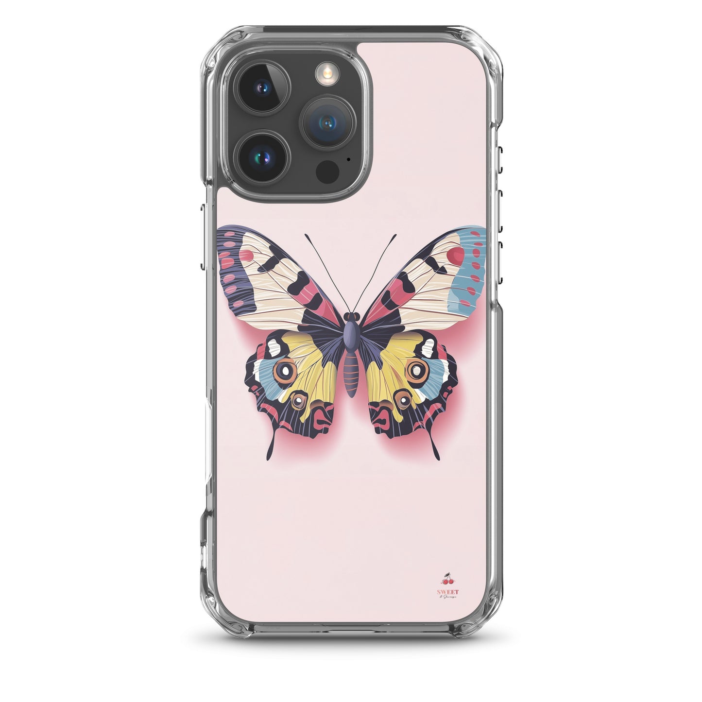iPhone clear case with a colorful butterfly design on a pink background by Sweet and Savage. 