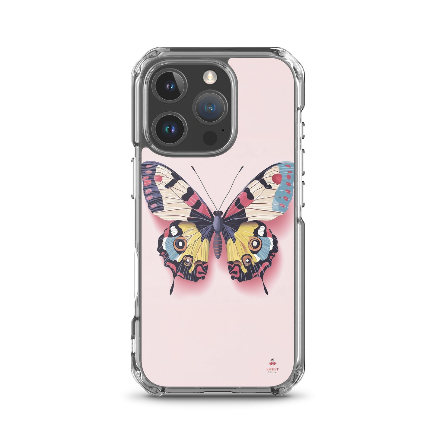 iPhone clear case with a colorful butterfly design on a pink background by Sweet and Savage. 