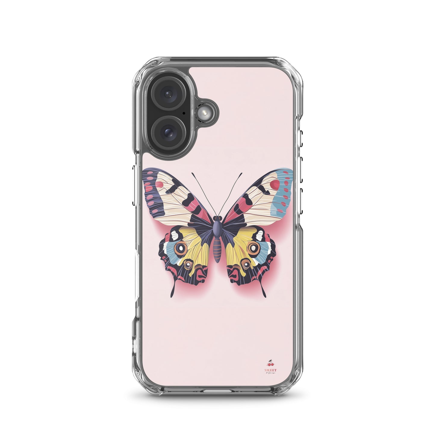 Clear MagSafe® iPhone® case featuring a vibrant, colorful butterfly illustration on a soft pink background.