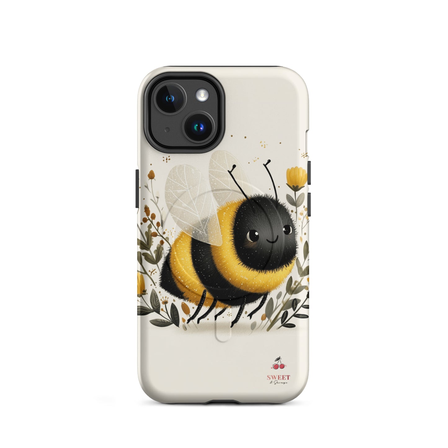 iPhone tough case with a cute bee design surrounded by flowers by Sweet and Savage. 