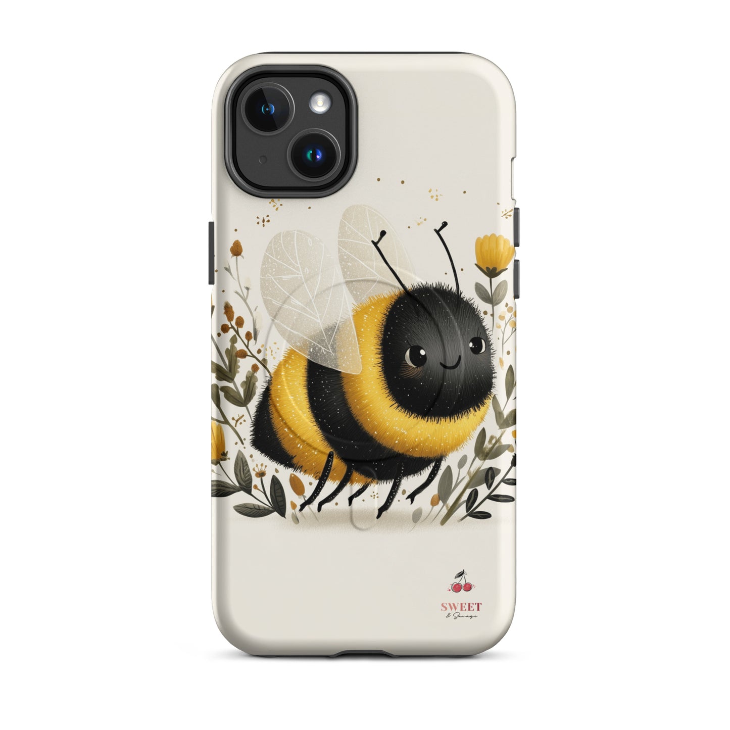 iPhone tough case with a cute bee design surrounded by flowers by Sweet and Savage. 