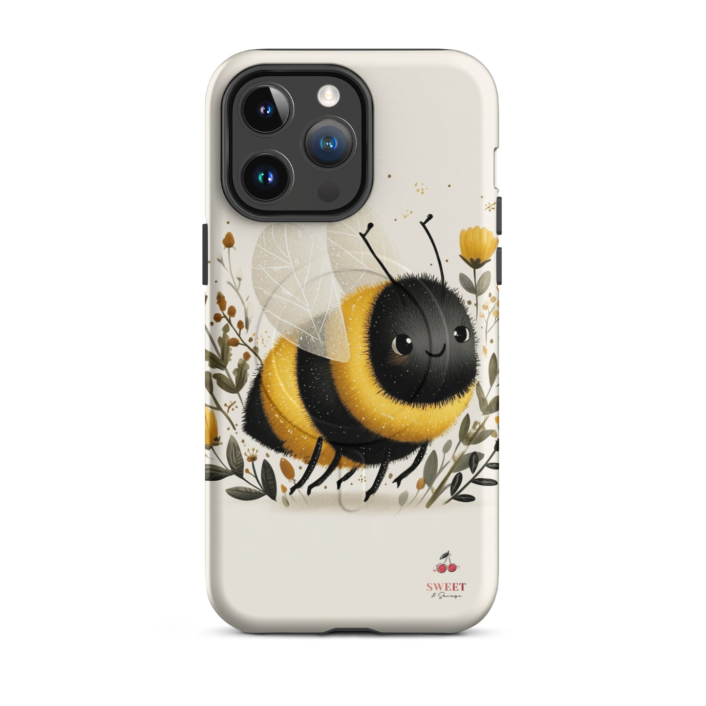 iPhone tough case with a cute bee design surrounded by flowers by Sweet and Savage. 