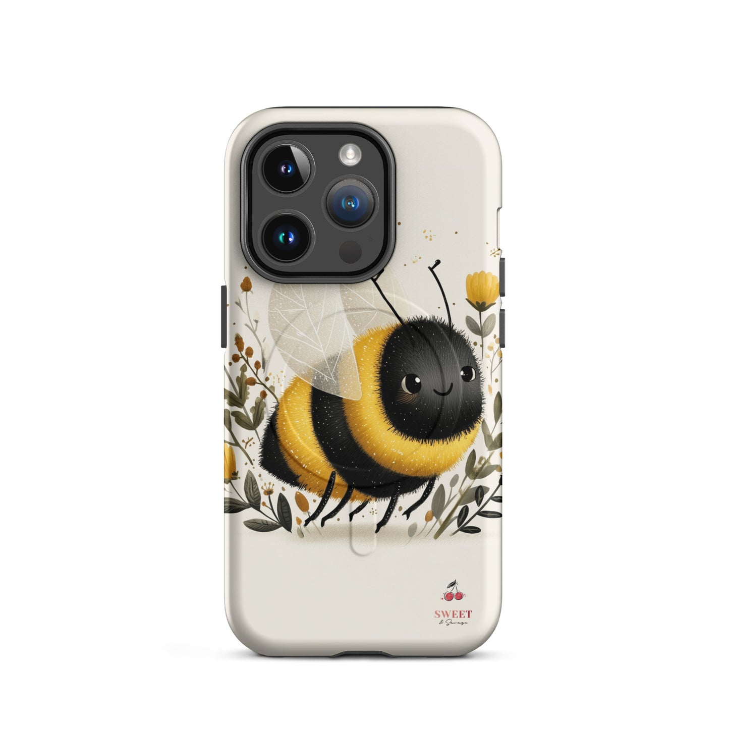 iPhone tough case with a cute bee design surrounded by flowers by Sweet and Savage. 