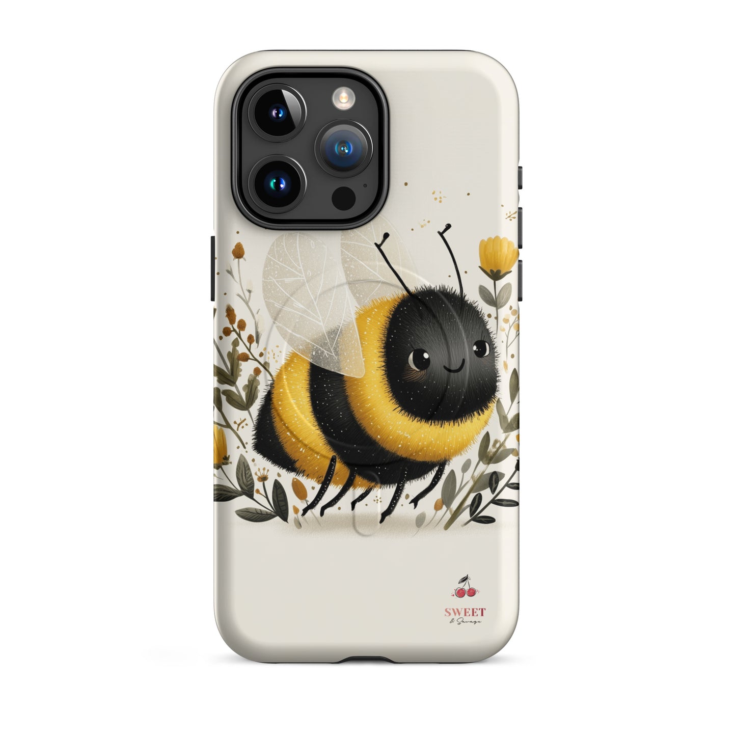 Tough iPhone® case featuring a cute, artistic bumblebee with floral accents on a cream background.