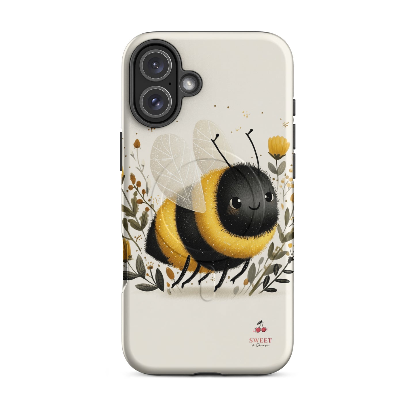 iPhone tough case with a cute bee design surrounded by flowers by Sweet and Savage. 