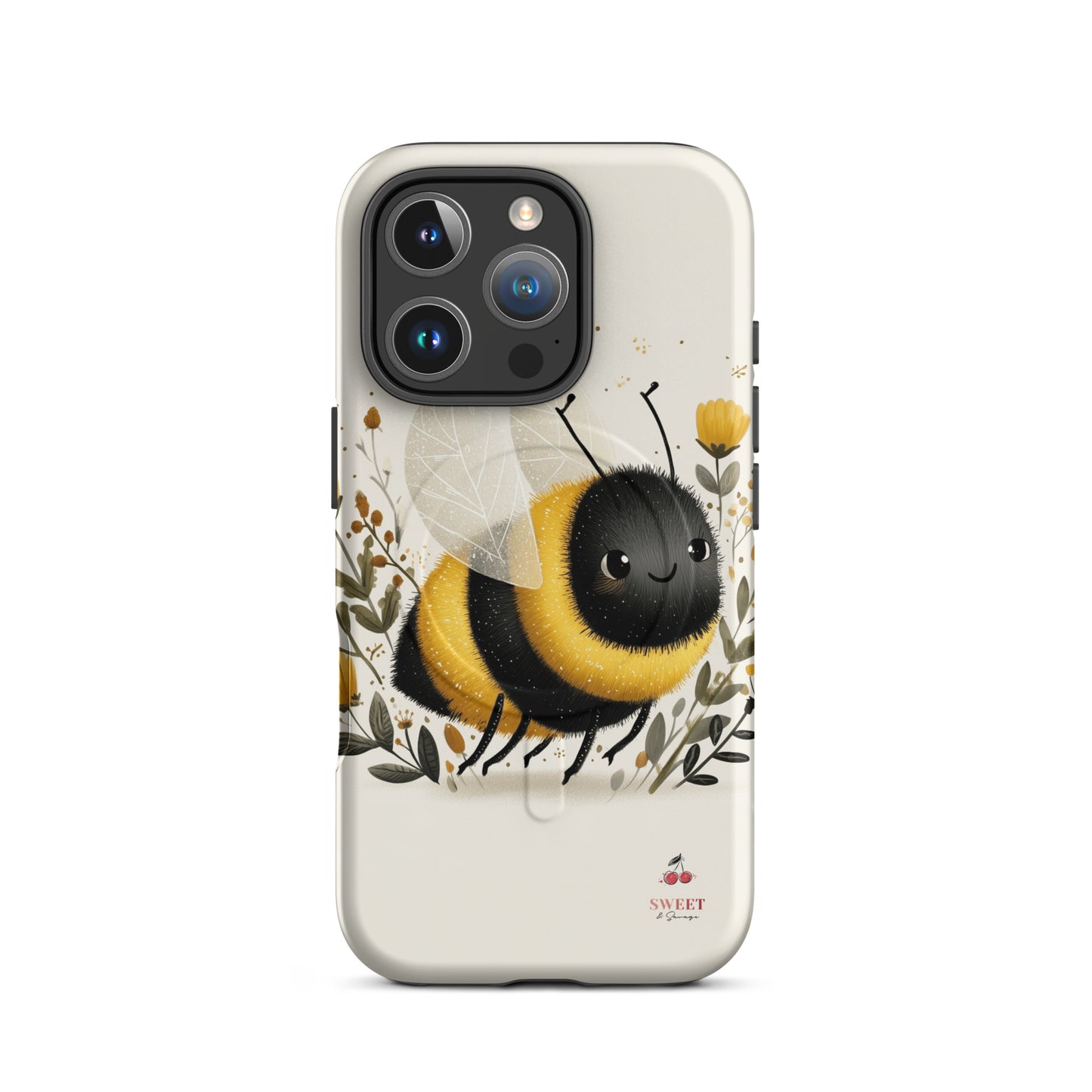 iPhone tough case with a cute bee design surrounded by flowers by Sweet and Savage. 