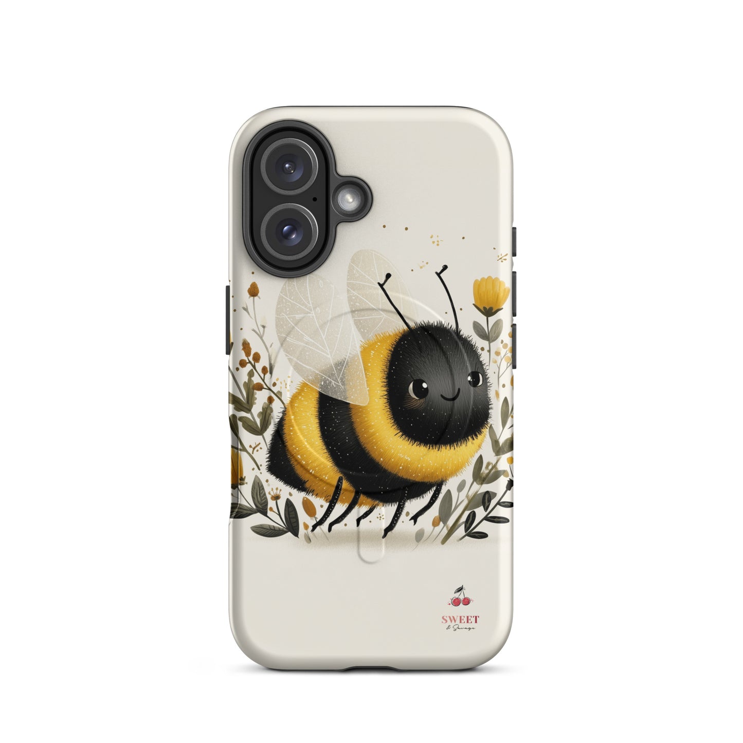 iPhone tough case with a cute bee design surrounded by flowers by Sweet and Savage. 