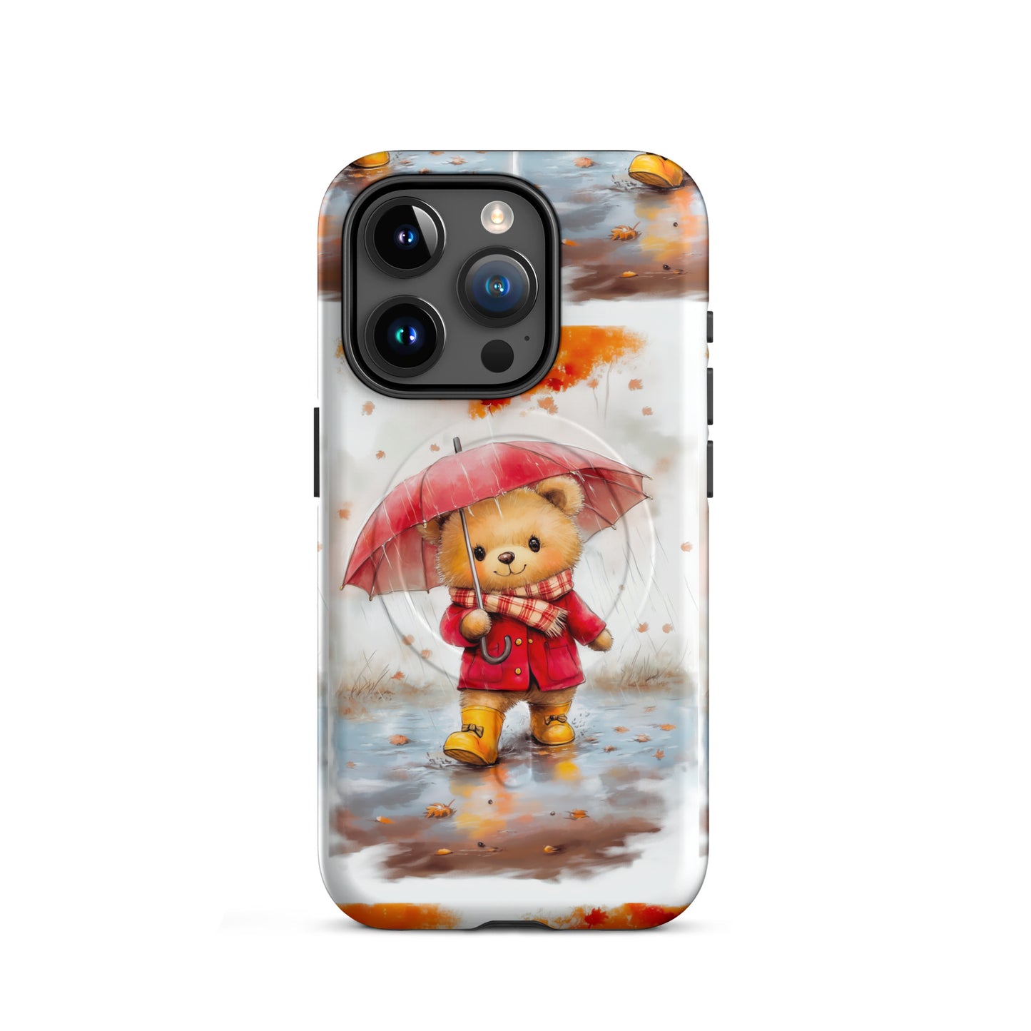 MagSafe iPhone case featuring watercolor art of a cute bear with a red umbrella in autumn rain.