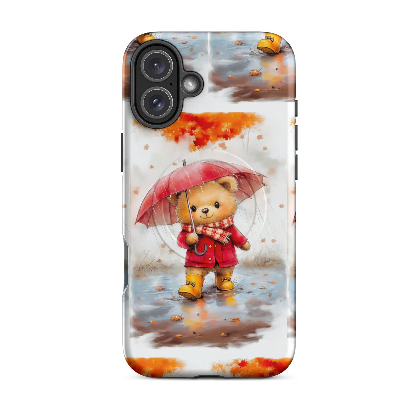 MagSafe iPhone case featuring watercolor art of a cute bear with a red umbrella in autumn rain.