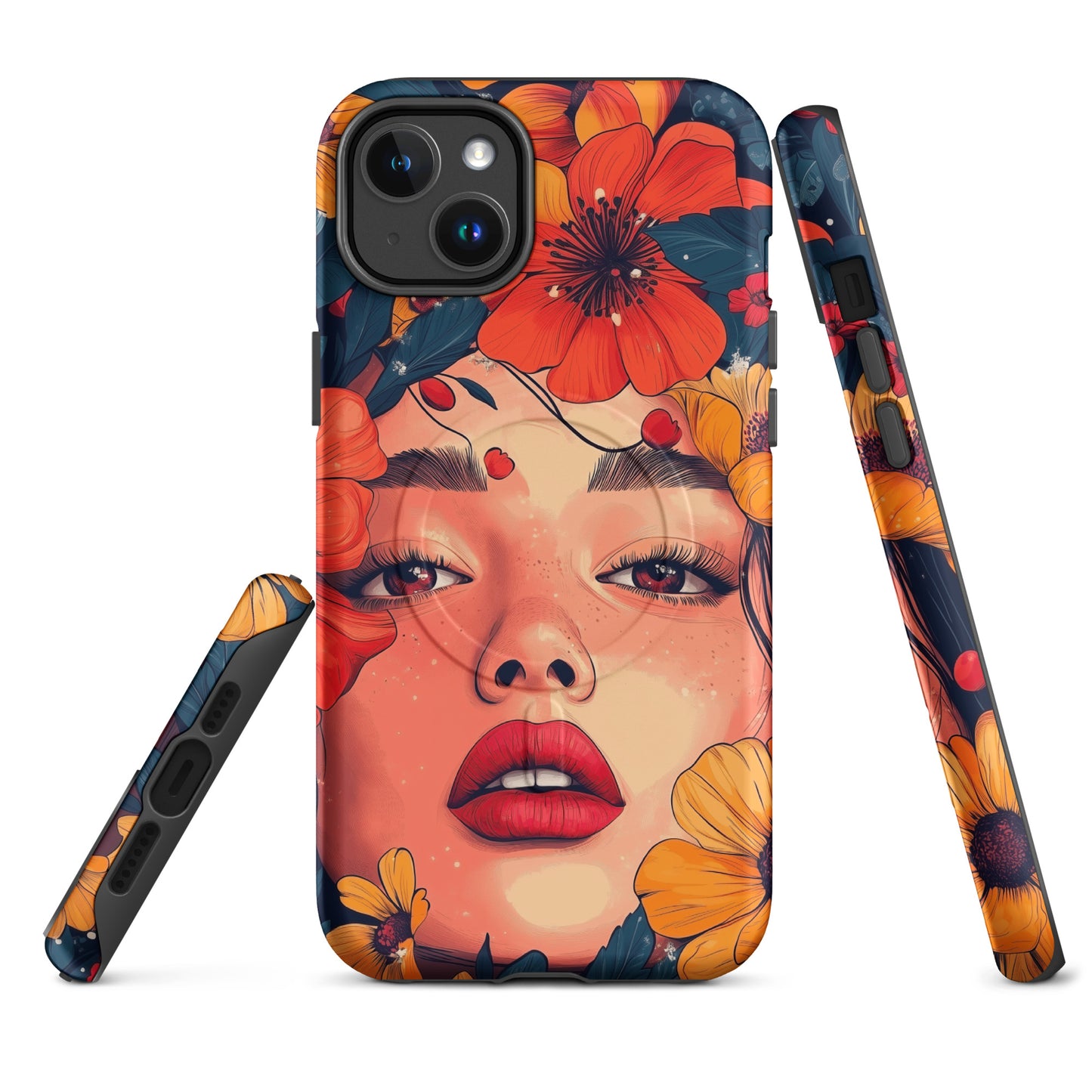 Tough iPhone case featuring a vibrant, colorful "Flower Power" floral pattern on a dark background.