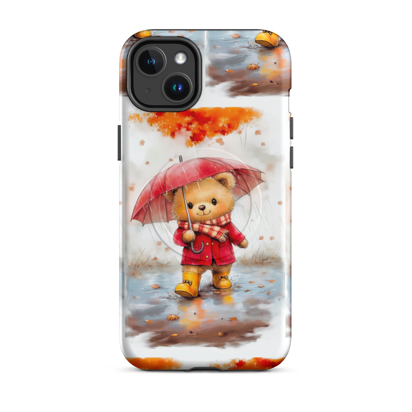 MagSafe iPhone case featuring watercolor art of a cute bear with a red umbrella in autumn rain.