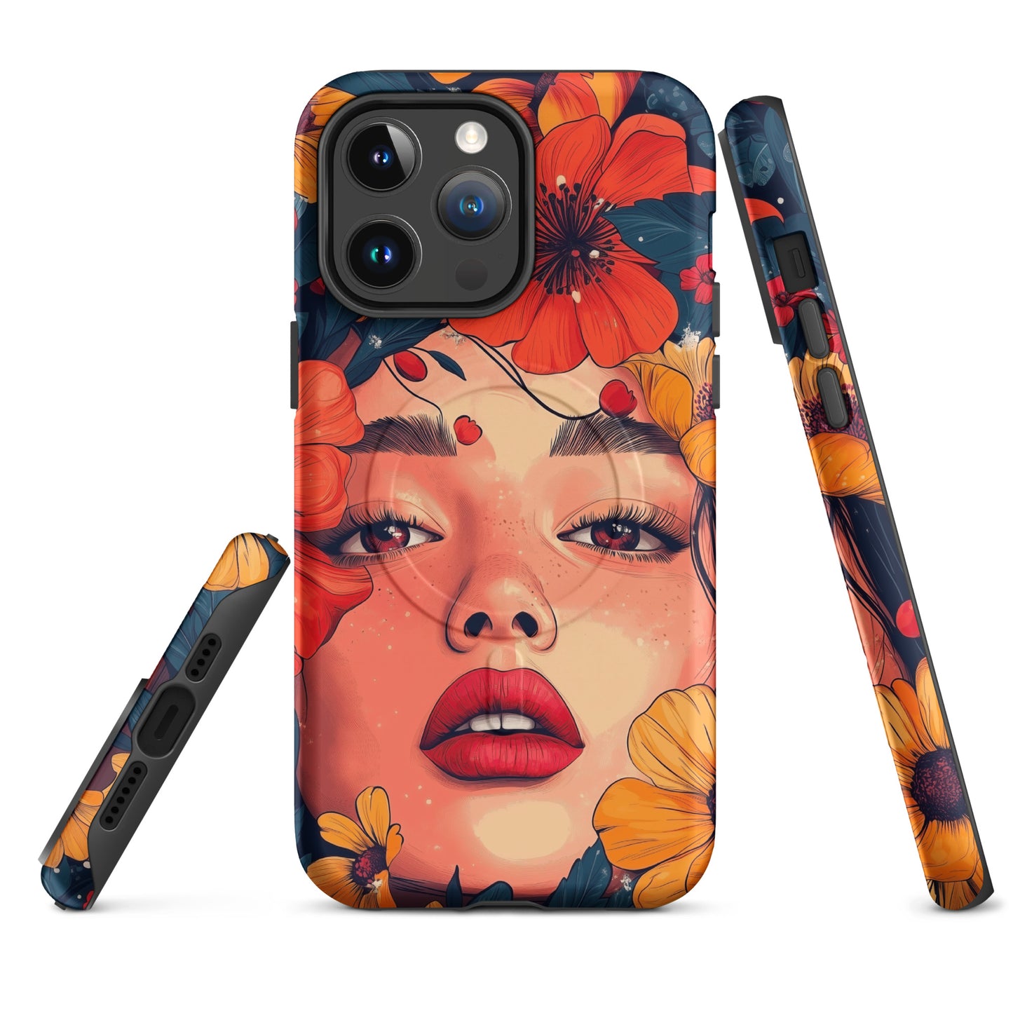 Tough iPhone case featuring a vibrant, colorful "Flower Power" floral pattern on a dark background.