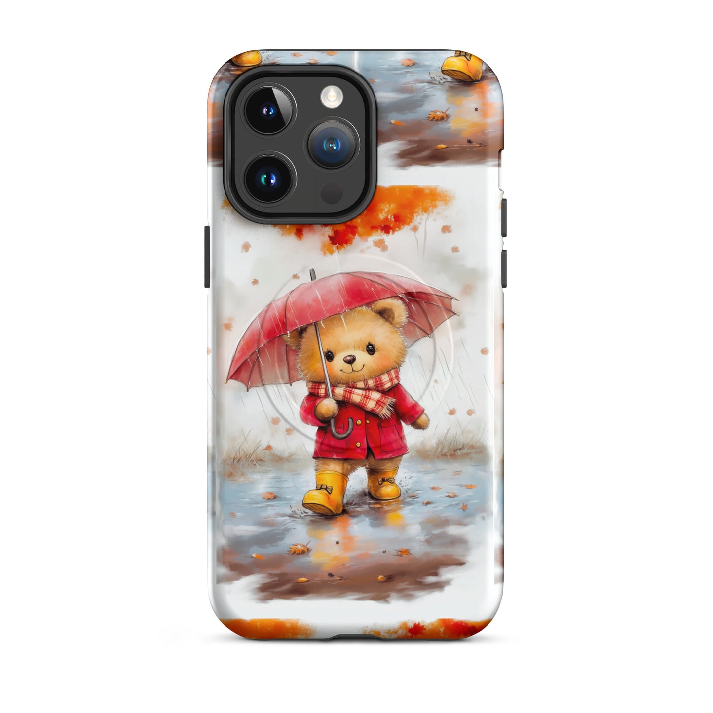 MagSafe iPhone case featuring watercolor art of a cute bear with a red umbrella in autumn rain.
