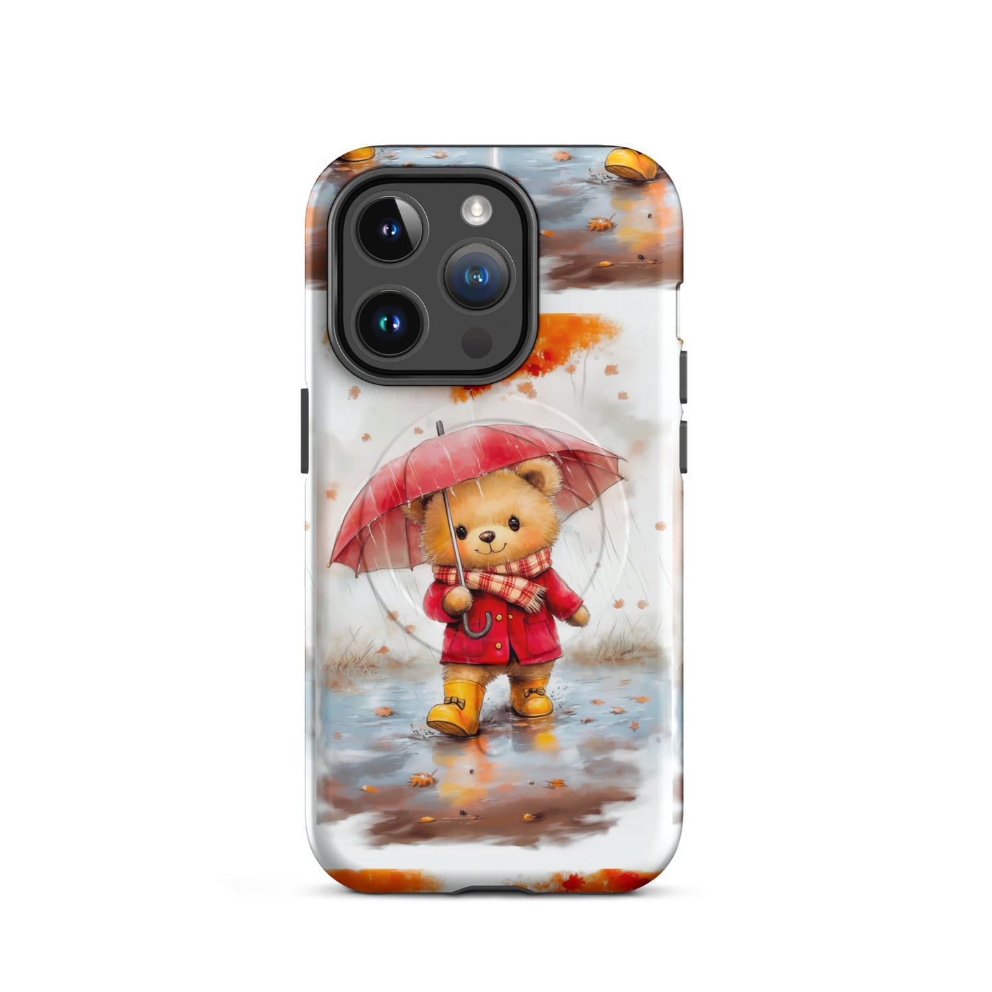 MagSafe iPhone case featuring watercolor art of a cute bear with a red umbrella in autumn rain.