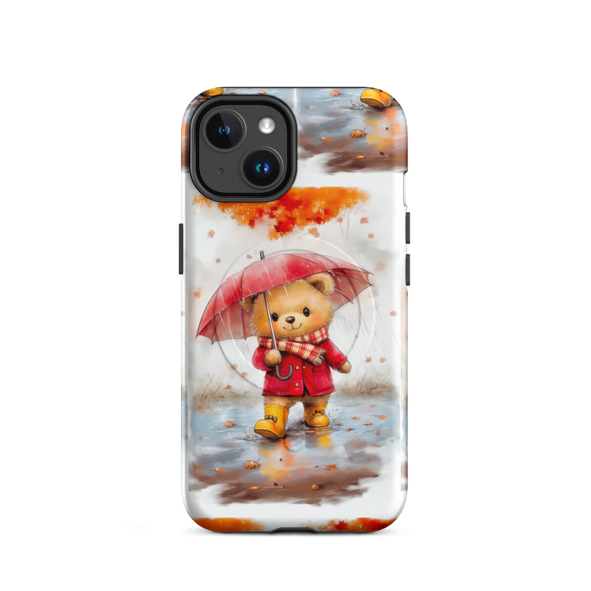 MagSafe iPhone case featuring watercolor art of a cute bear with a red umbrella in autumn rain.