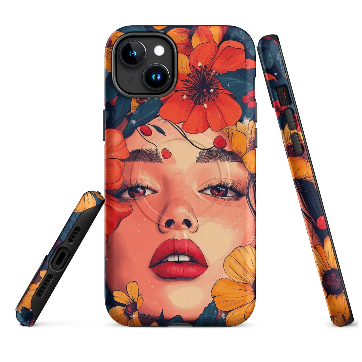 Tough iPhone case featuring a vibrant, colorful "Flower Power" floral pattern on a dark background.