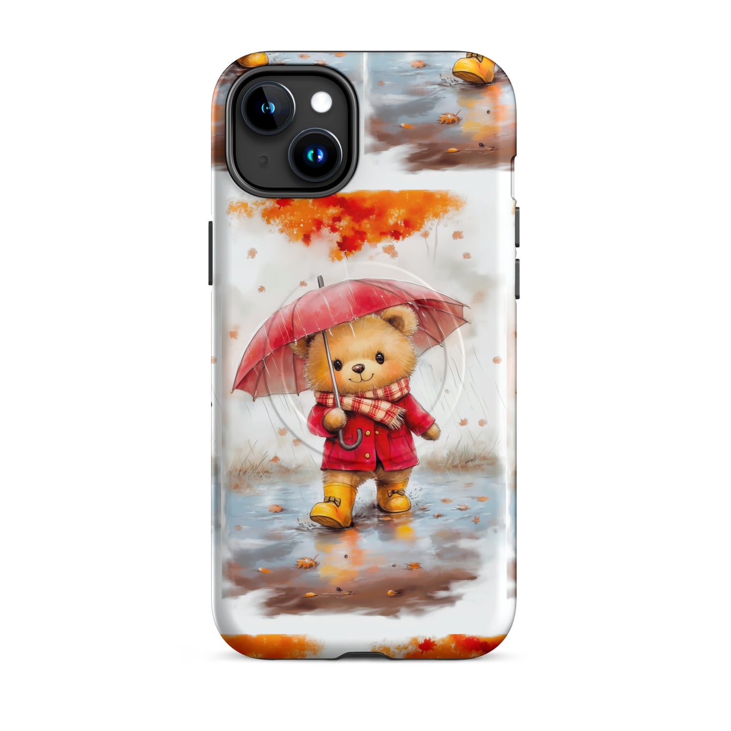 MagSafe iPhone case featuring watercolor art of a cute bear with a red umbrella in autumn rain.