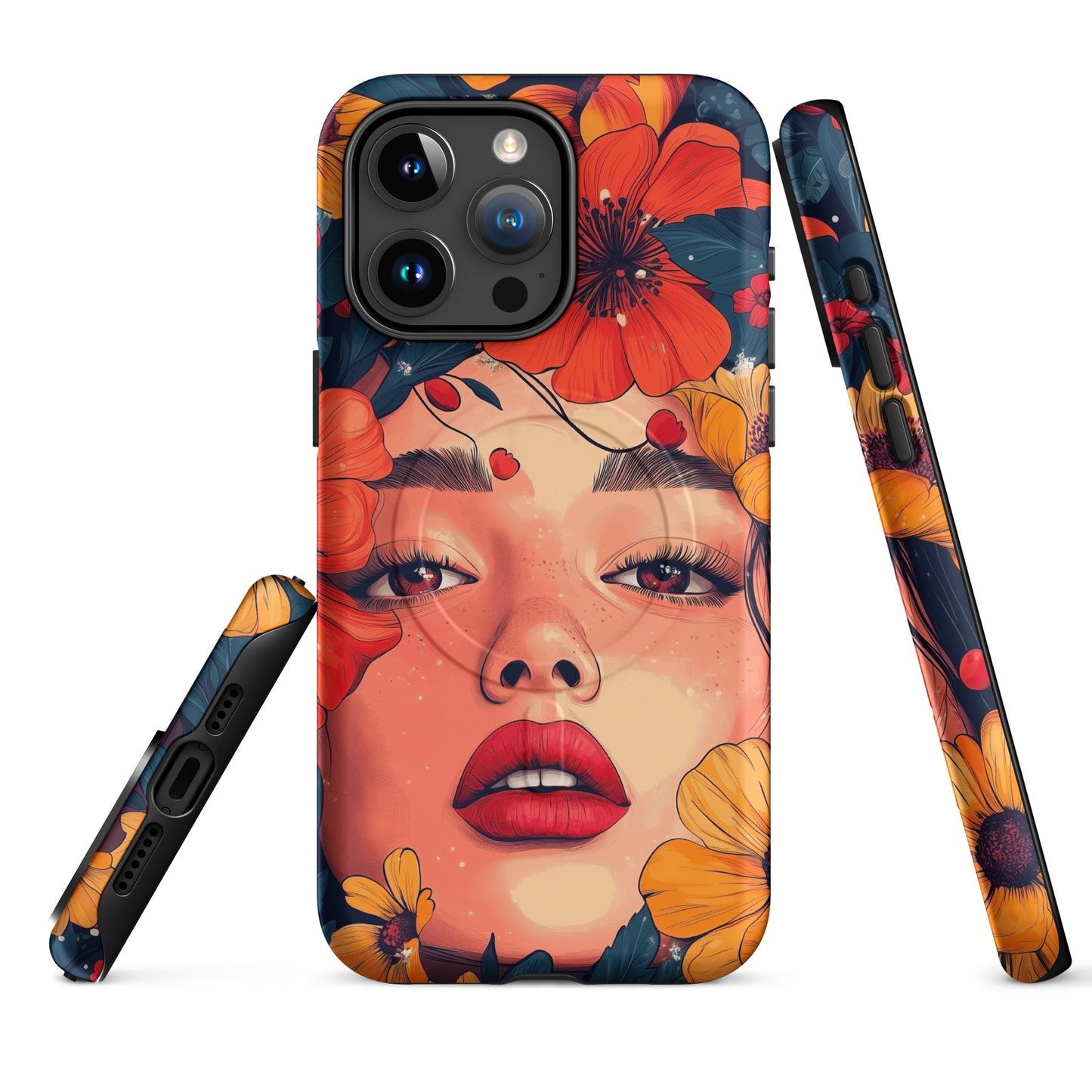Tough iPhone case featuring a vibrant, colorful "Flower Power" floral pattern on a dark background.