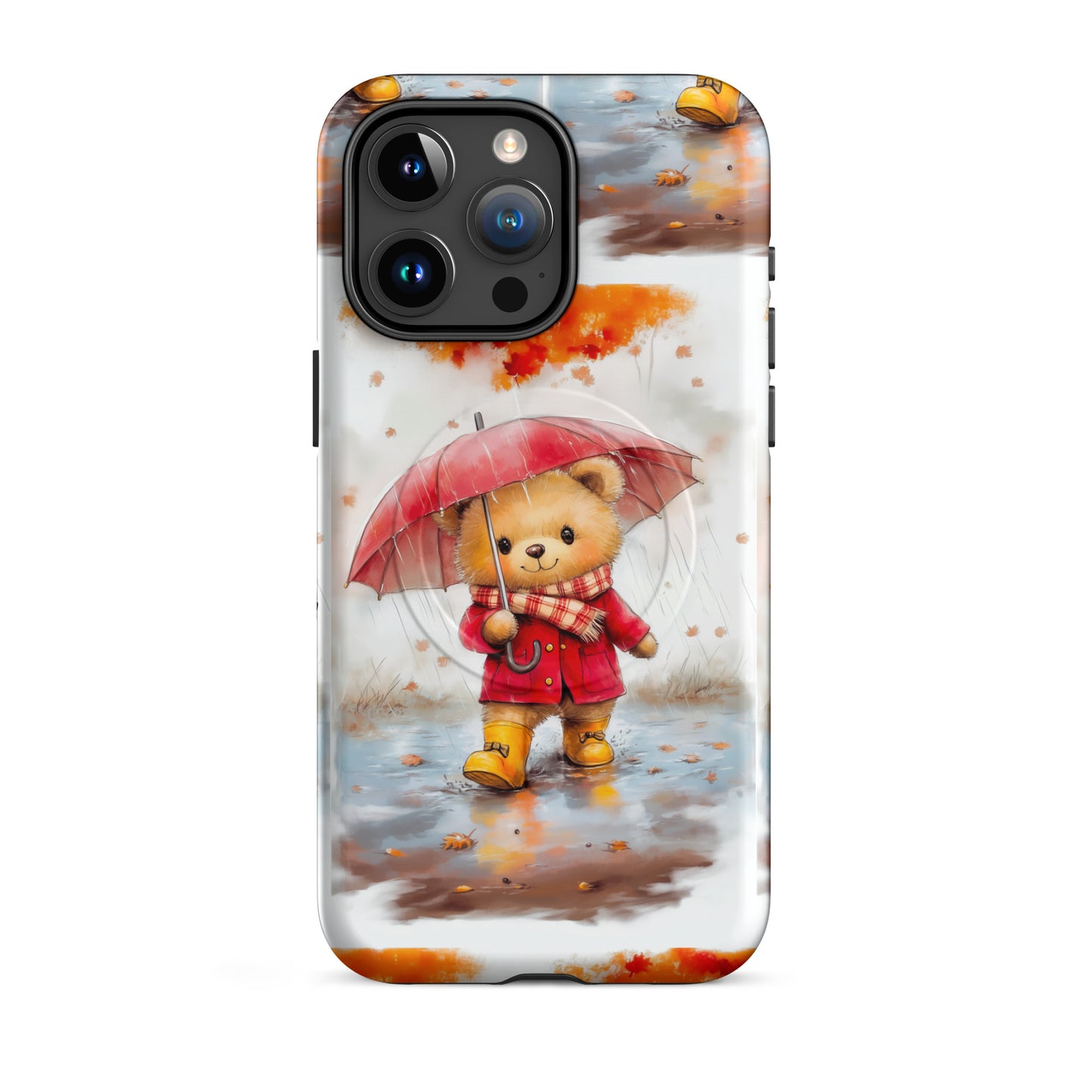 MagSafe iPhone case featuring watercolor art of a cute bear with a red umbrella in autumn rain.