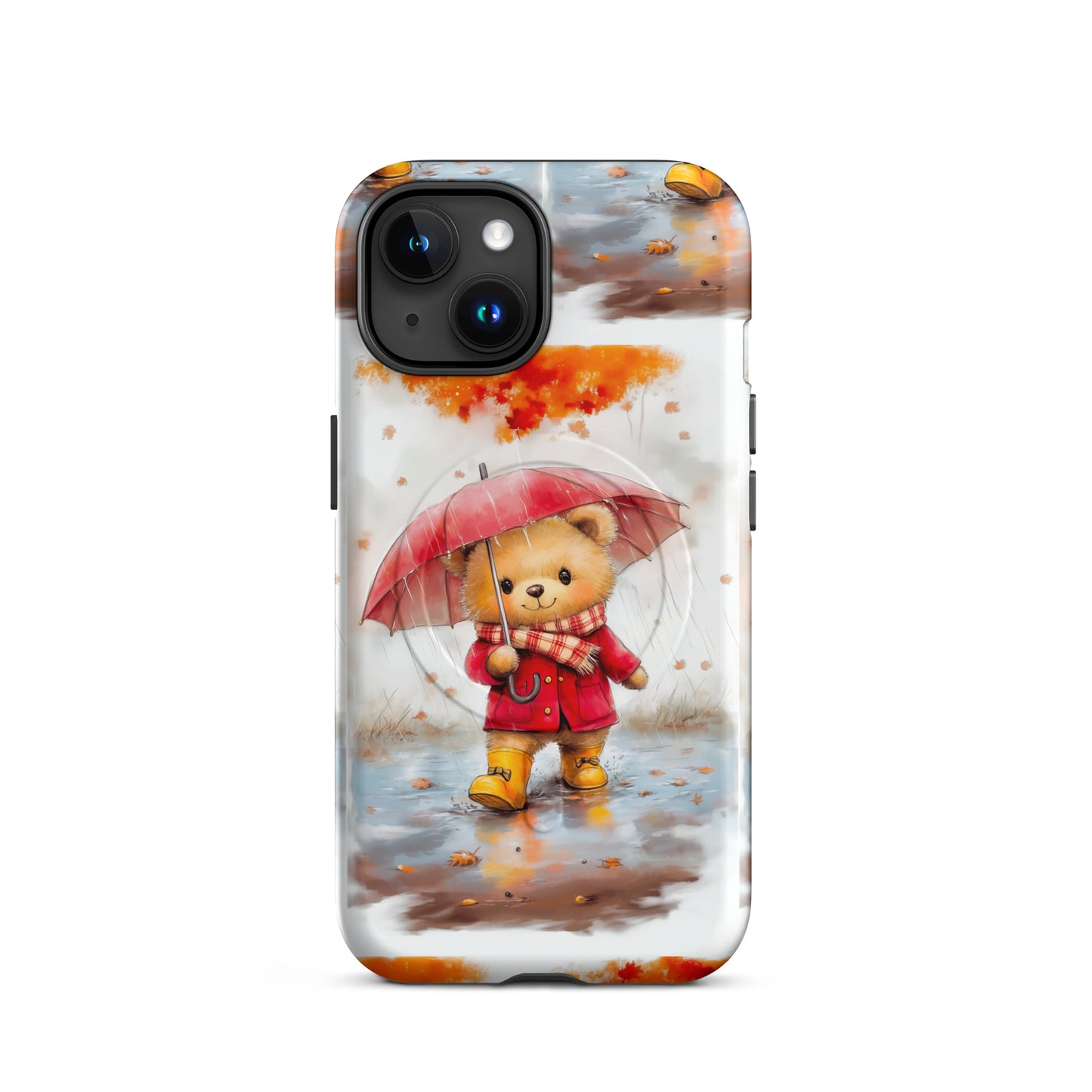 MagSafe iPhone case featuring watercolor art of a cute bear with a red umbrella in autumn rain.