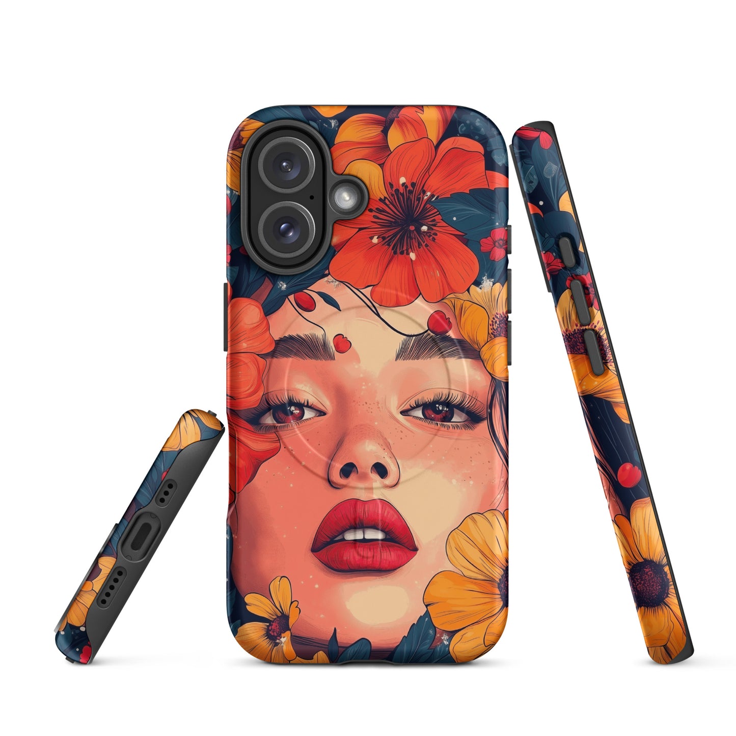 Tough iPhone case featuring a vibrant, colorful "Flower Power" floral pattern on a dark background.