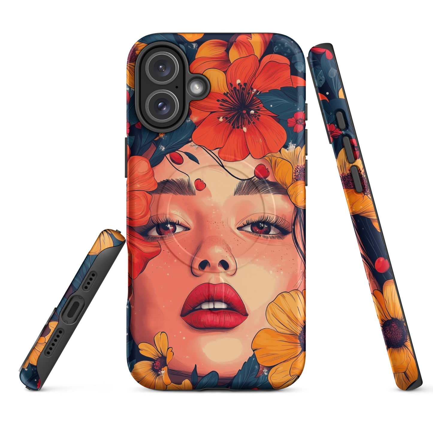 Tough iPhone case featuring a vibrant, colorful "Flower Power" floral pattern on a dark background.
