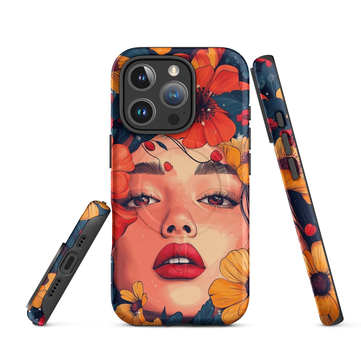 Tough iPhone case featuring a vibrant, colorful "Flower Power" floral pattern on a dark background.