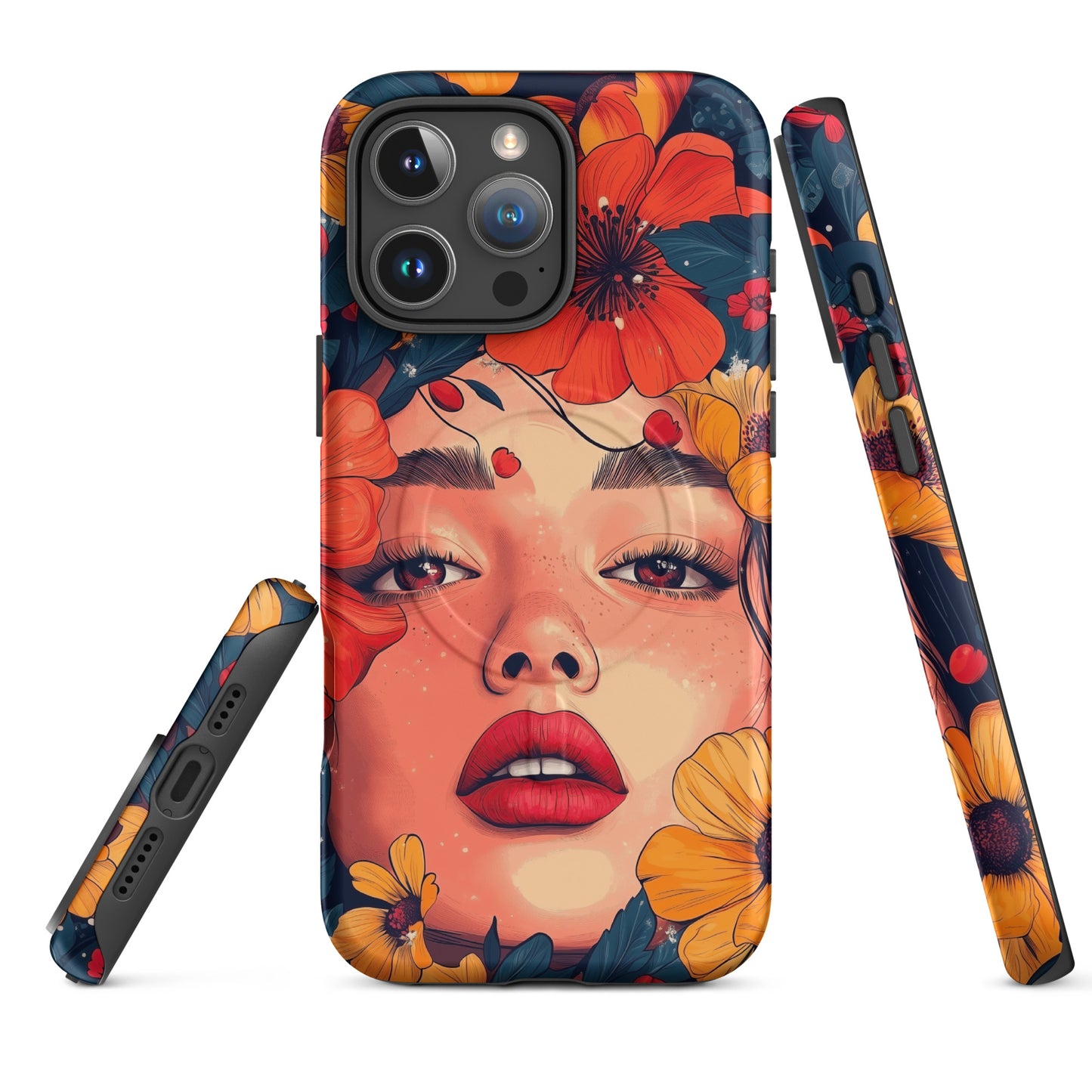 Tough iPhone case featuring a vibrant, colorful "Flower Power" floral pattern on a dark background.