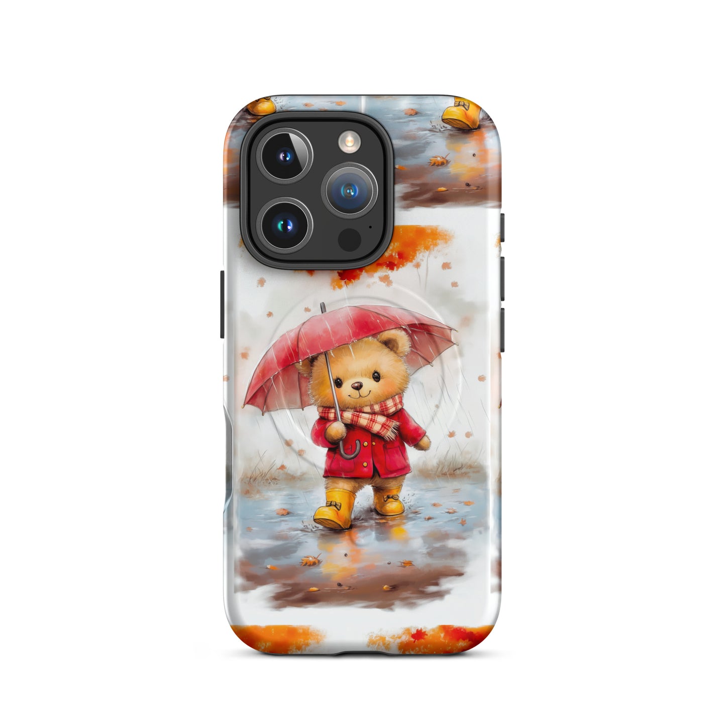 MagSafe iPhone case featuring watercolor art of a cute bear with a red umbrella in autumn rain.